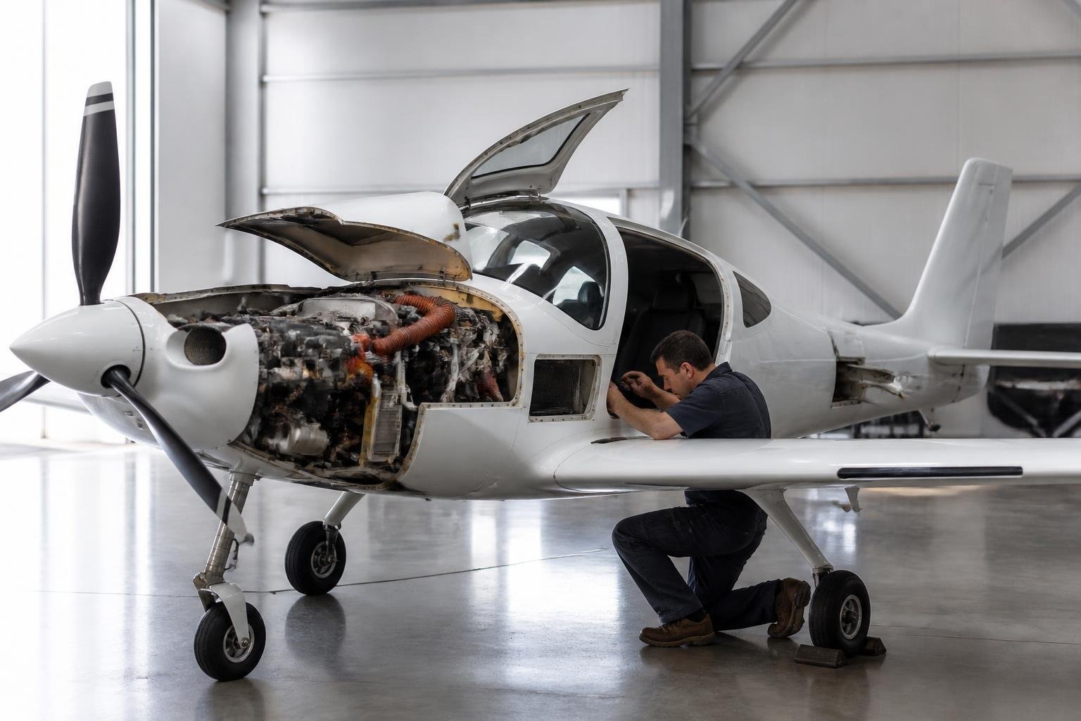 Composite single-engine aircraft undergoing hangar inspection