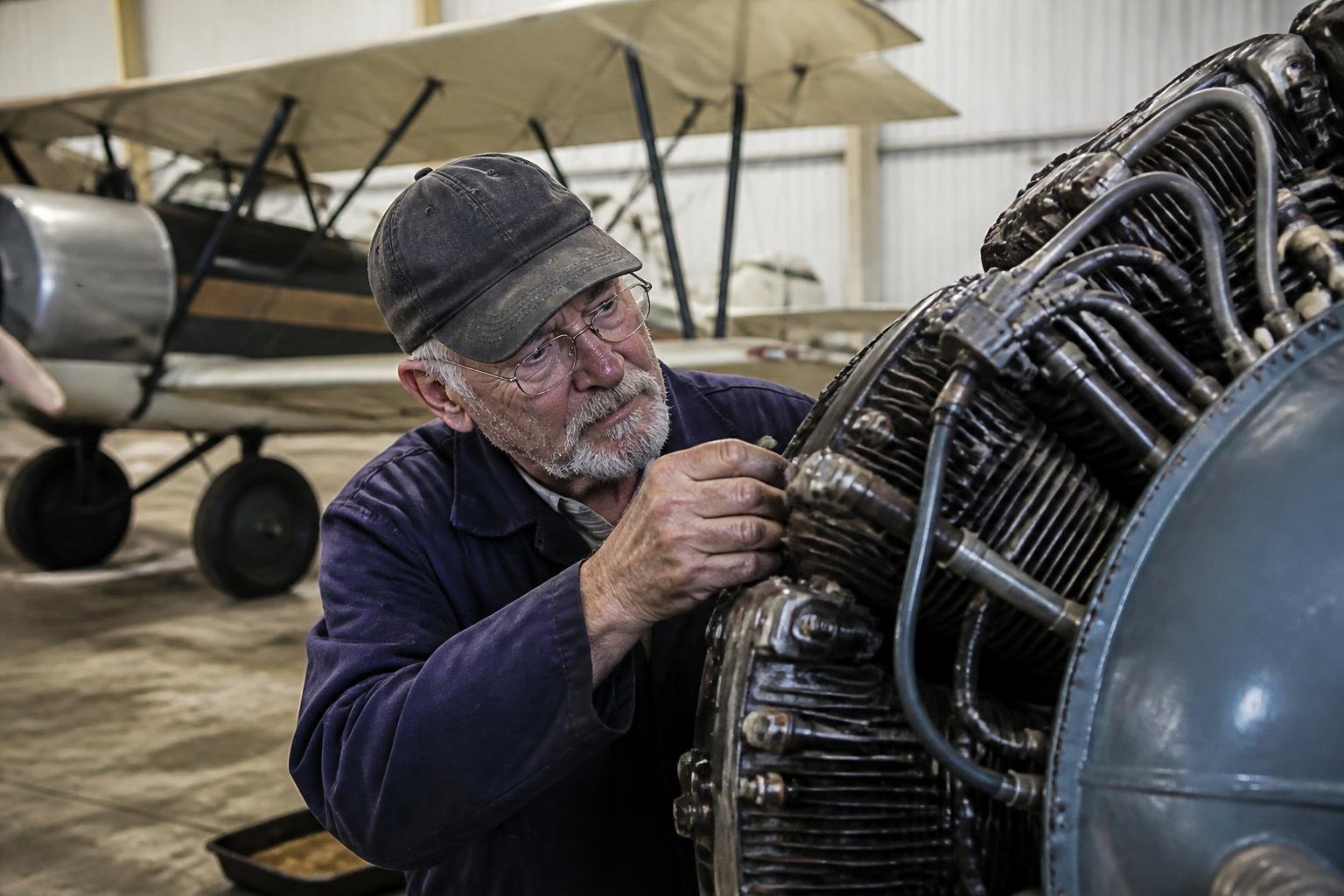 Mechanic inspecting a vintage radial aircraft engine