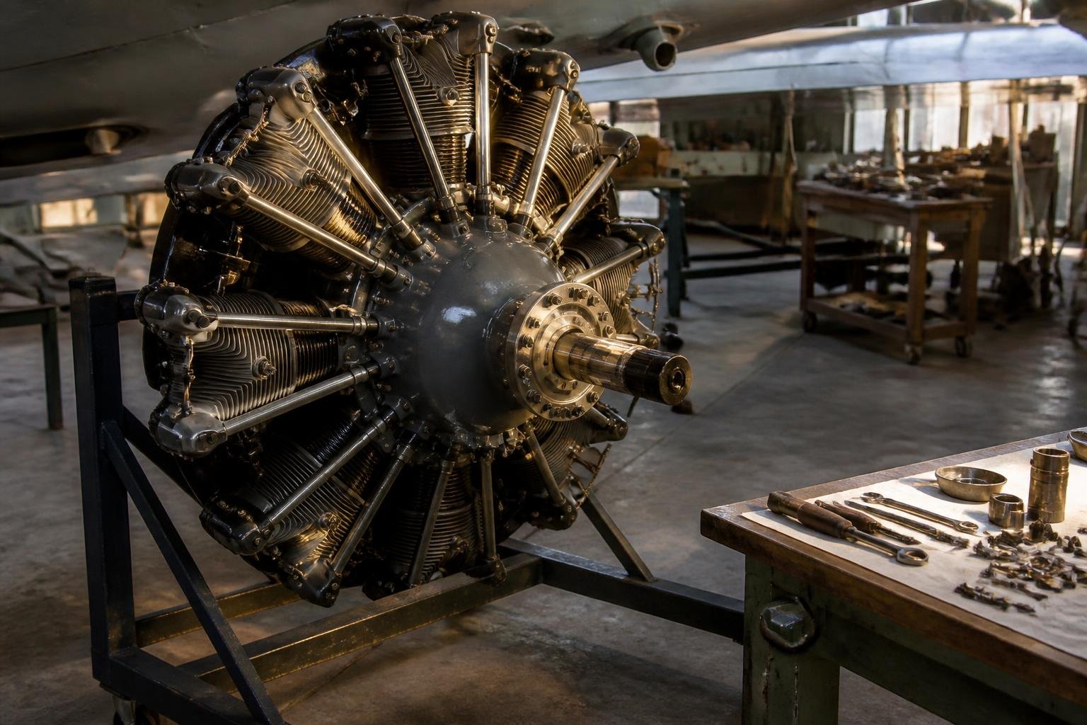 Continental-style seven-cylinder radial engine in a restoration workshop