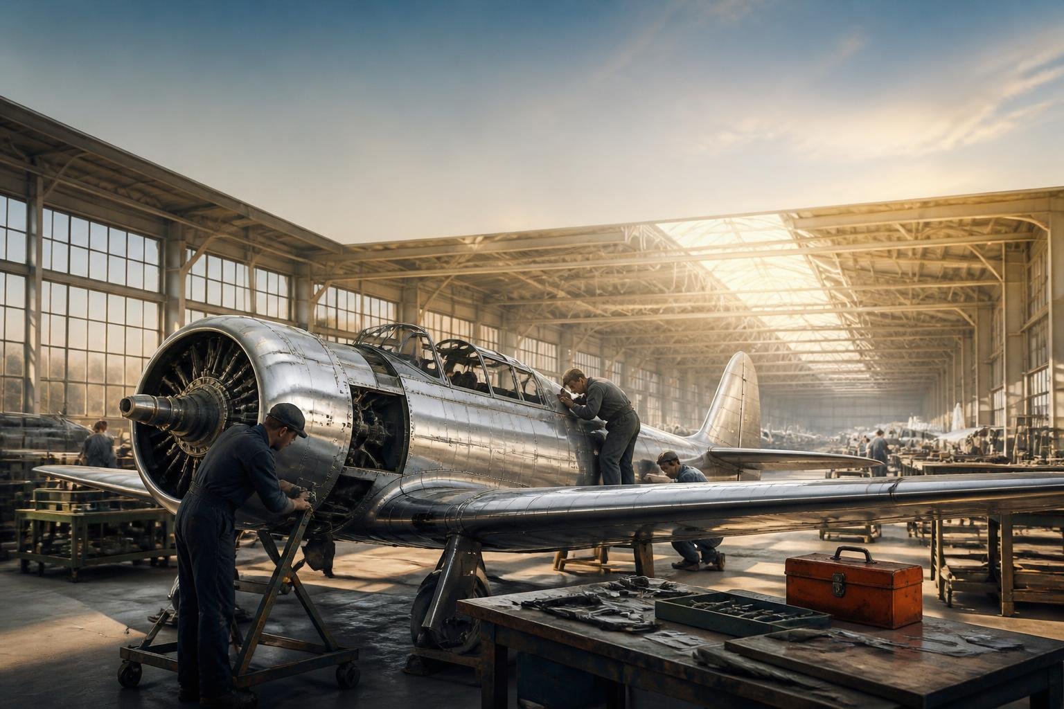 Historic-style aircraft assembly scene representing Beechcraft’s early manufacturing era