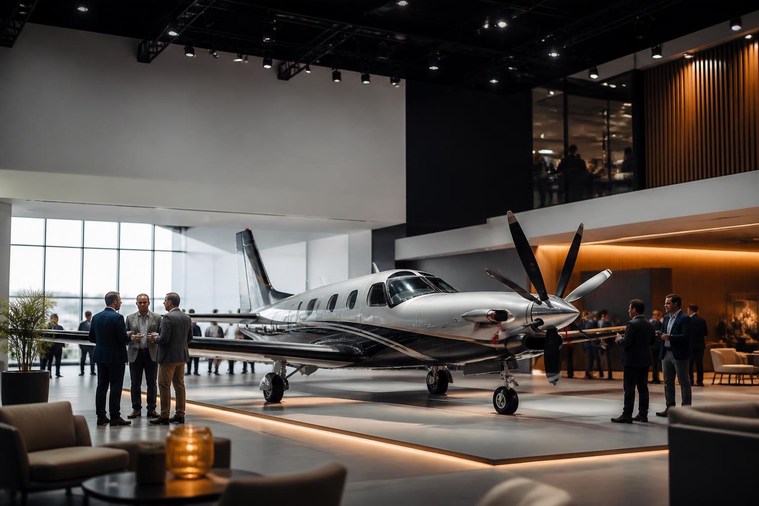 A modern aviation exhibition hall displaying a premium turboprop aircraft under dramatic spotlights with professional attendees.