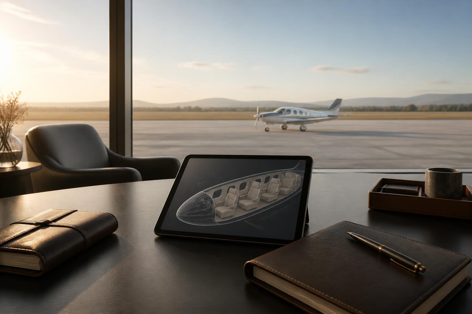 An elegant executive desk with a digital tablet displaying aircraft layouts, looking out over a sunlit airport runway.
