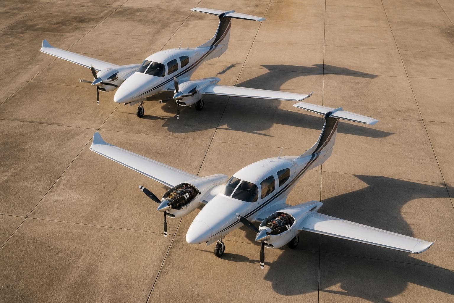 Light twin aircraft arranged for a maintenance and equipment comparison