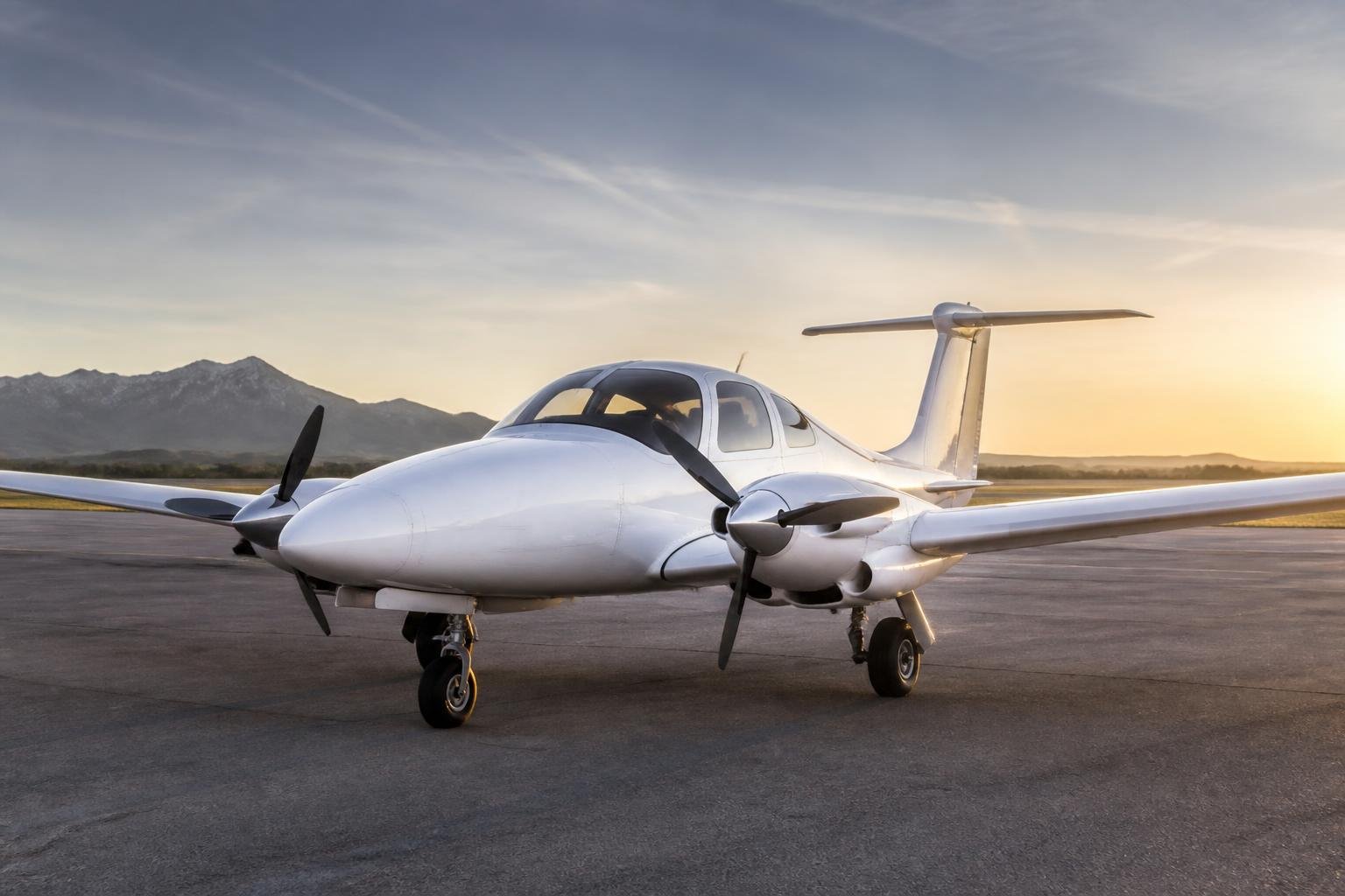 Diamond DA42-style diesel twin parked on an apron at dawn