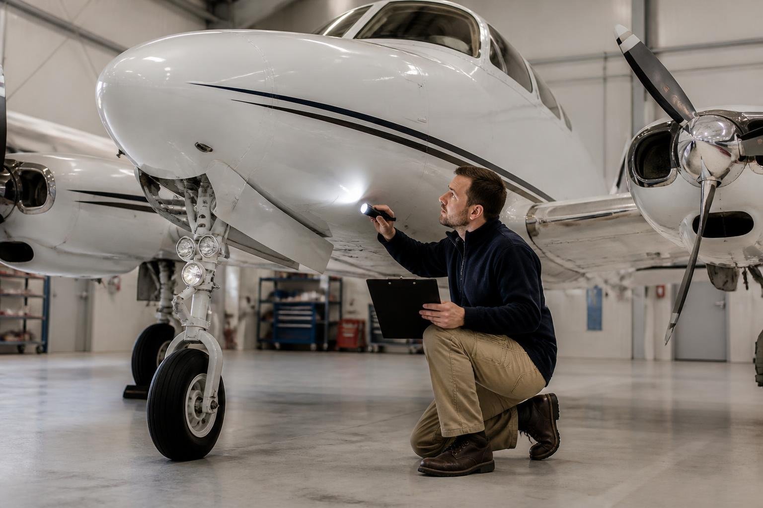 Technician performing a pre-buy inspection on a composite twin