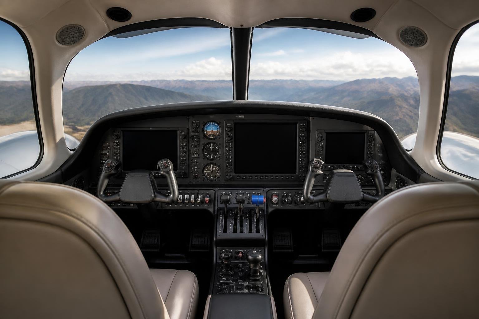 Modern light-twin cockpit overlooking a mountain route