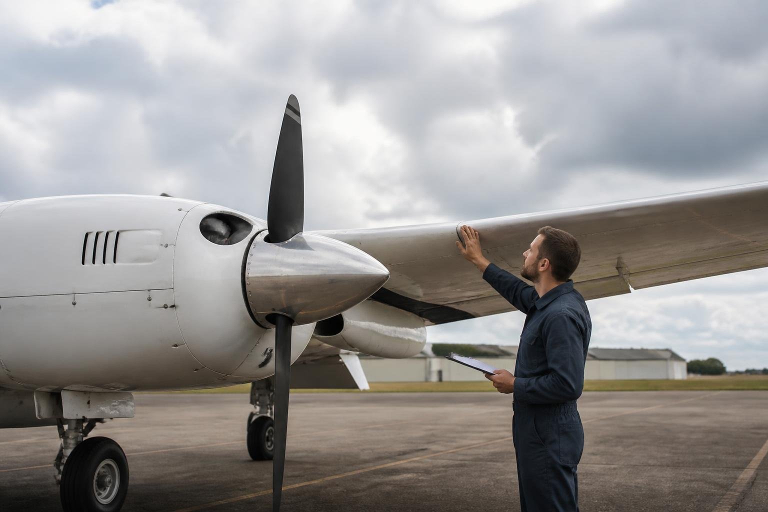 Technician inspecting a light twin engine used in flight training