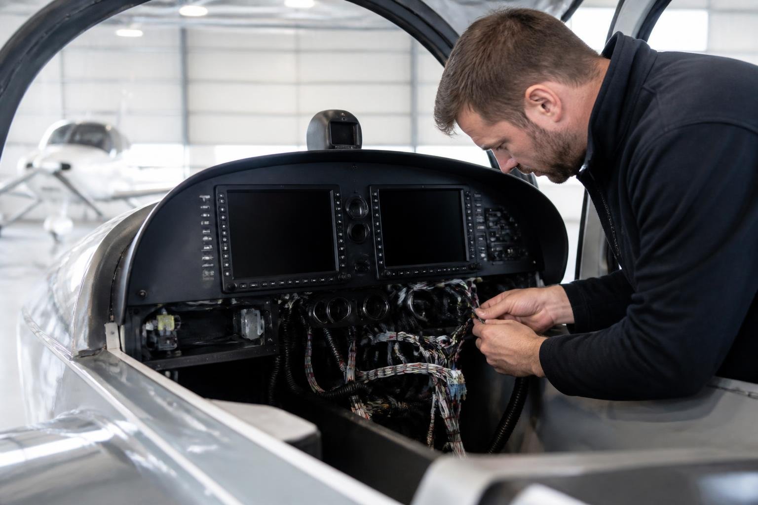 Light-aircraft cockpit undergoing avionics maintenance