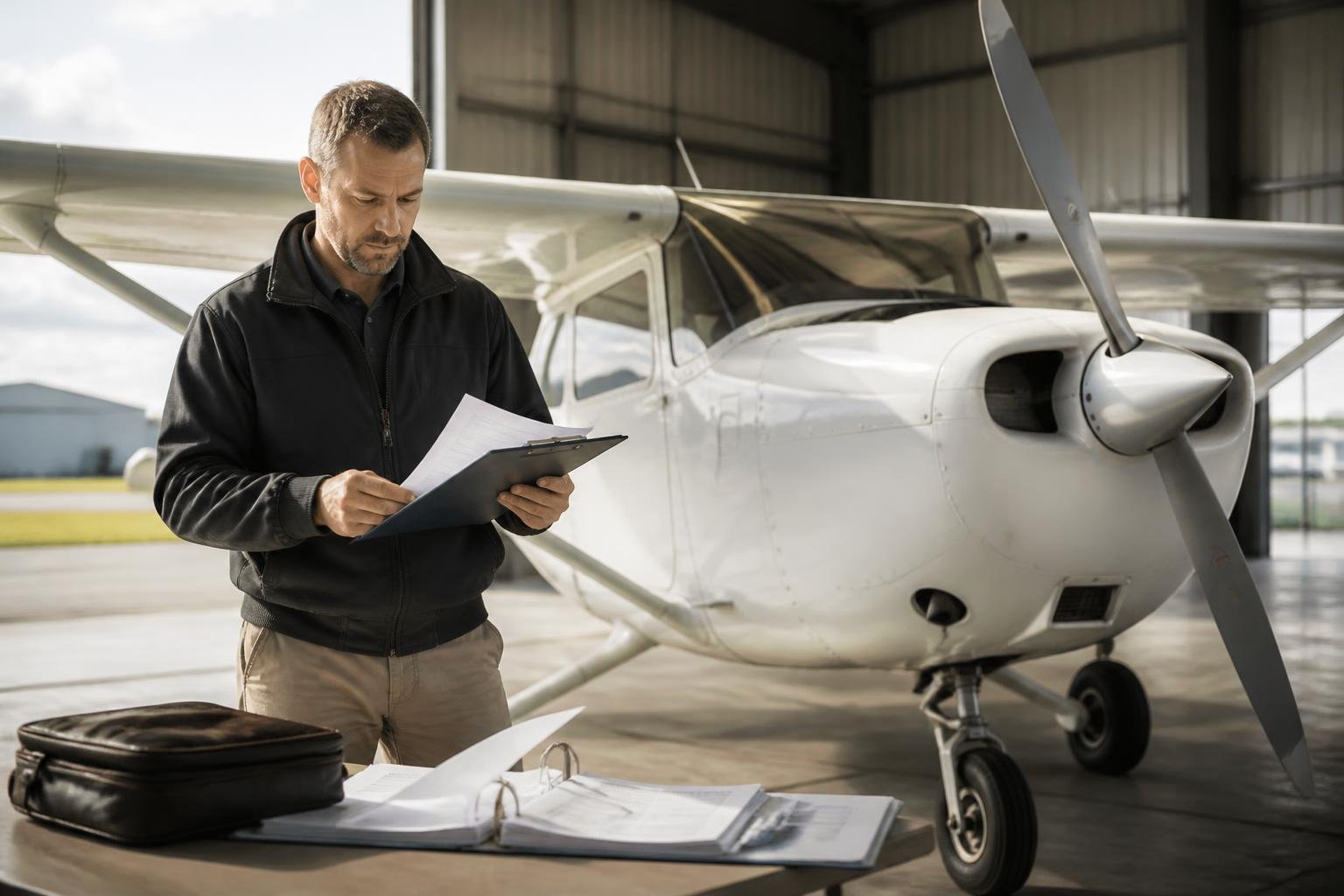 Buyer and inspector reviewing aircraft records before purchase