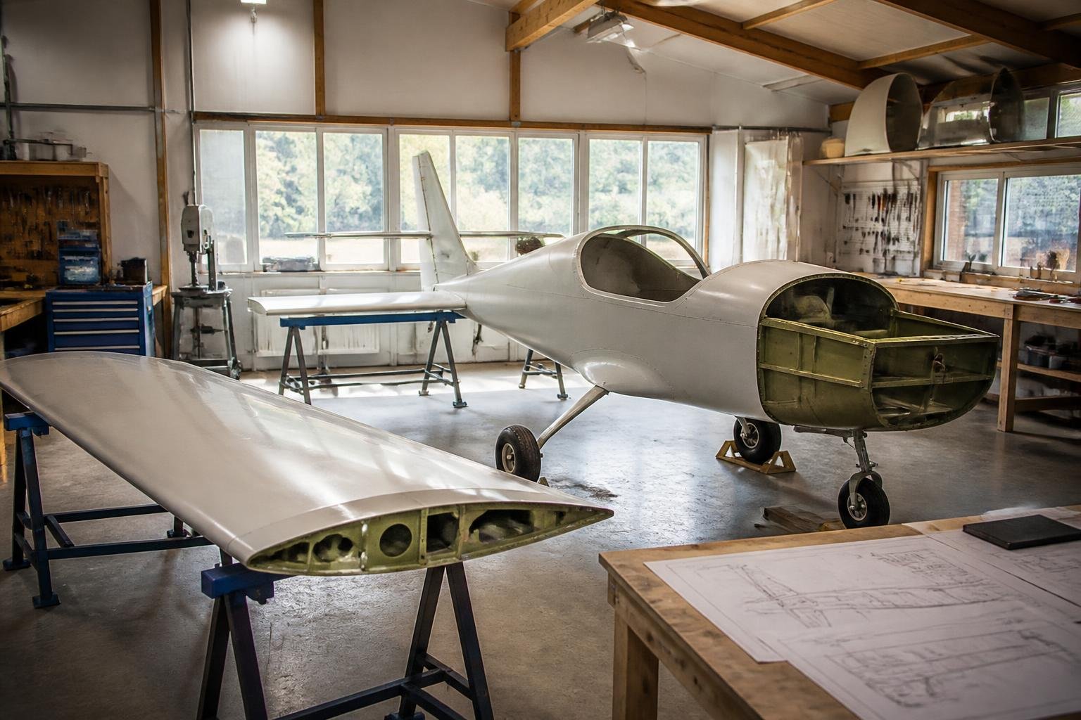 Partially assembled homebuilt aircraft in an organized workshop