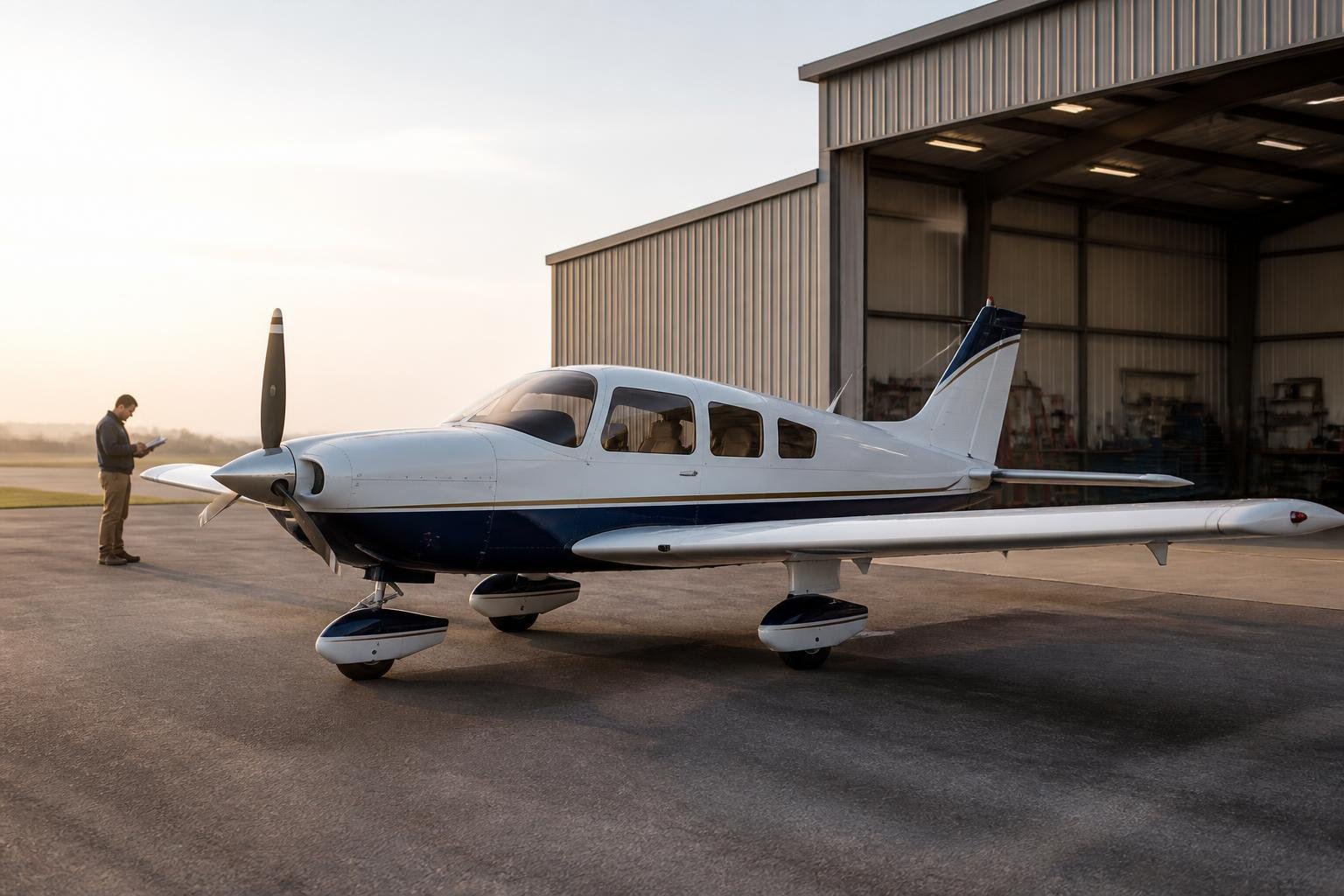 Certified light aircraft parked outside a maintenance hangar