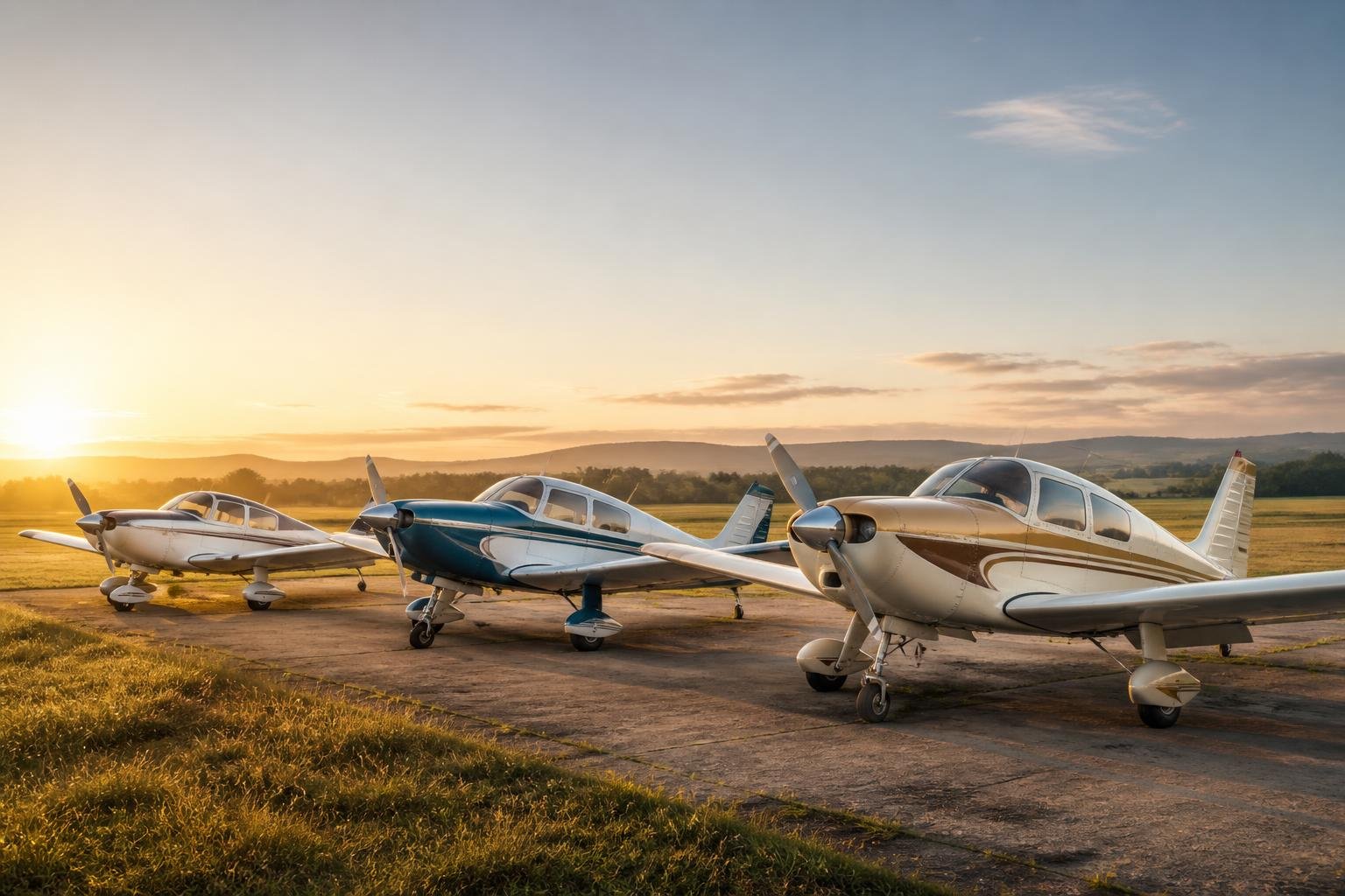 Classic and modern Beechcraft Bonanza family aircraft on an airport ramp