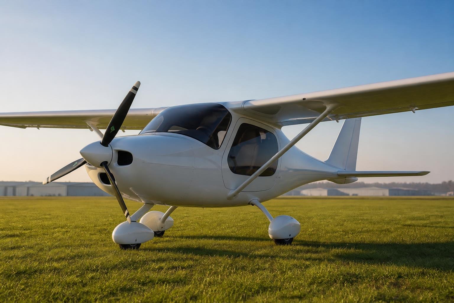 Modern composite high-wing light aircraft on a grass airfield