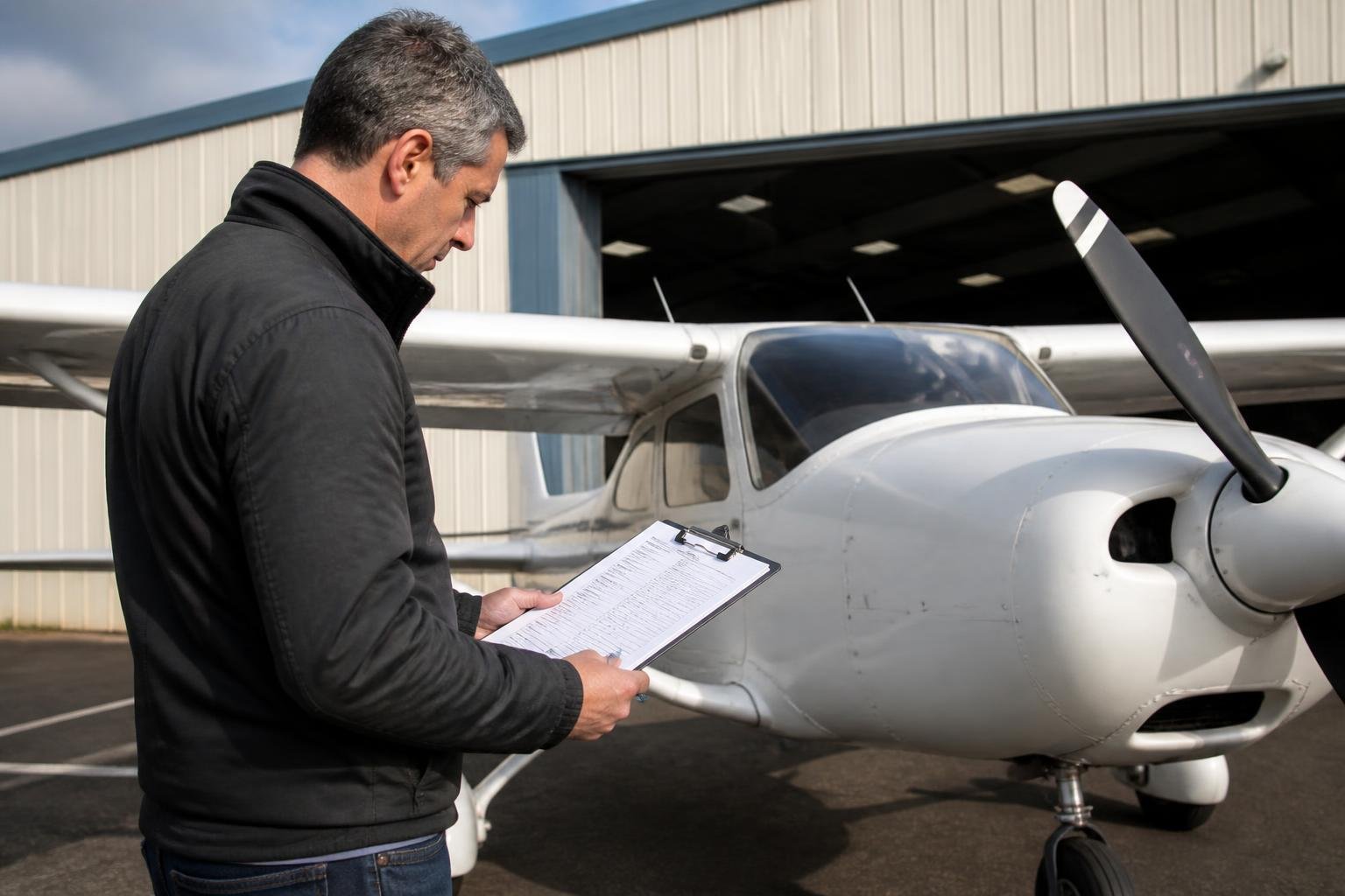 Aircraft owner reviewing documentation beside a light aircraft
