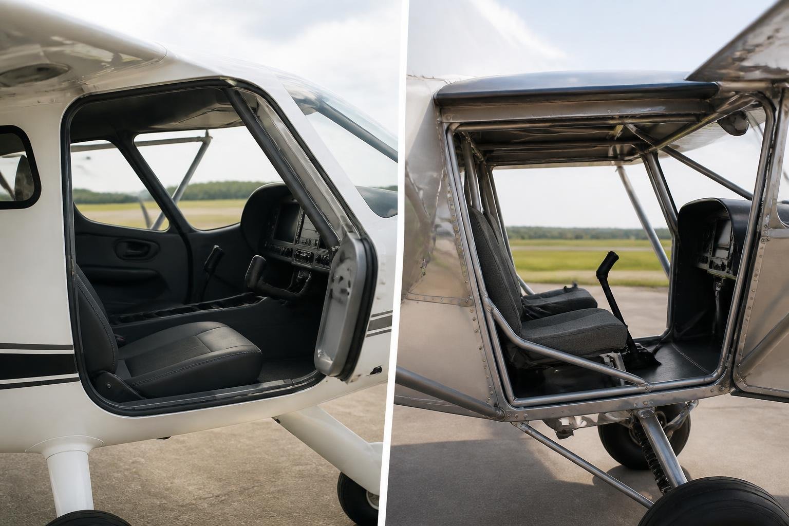 Contrasting interiors of two high-wing light aircraft