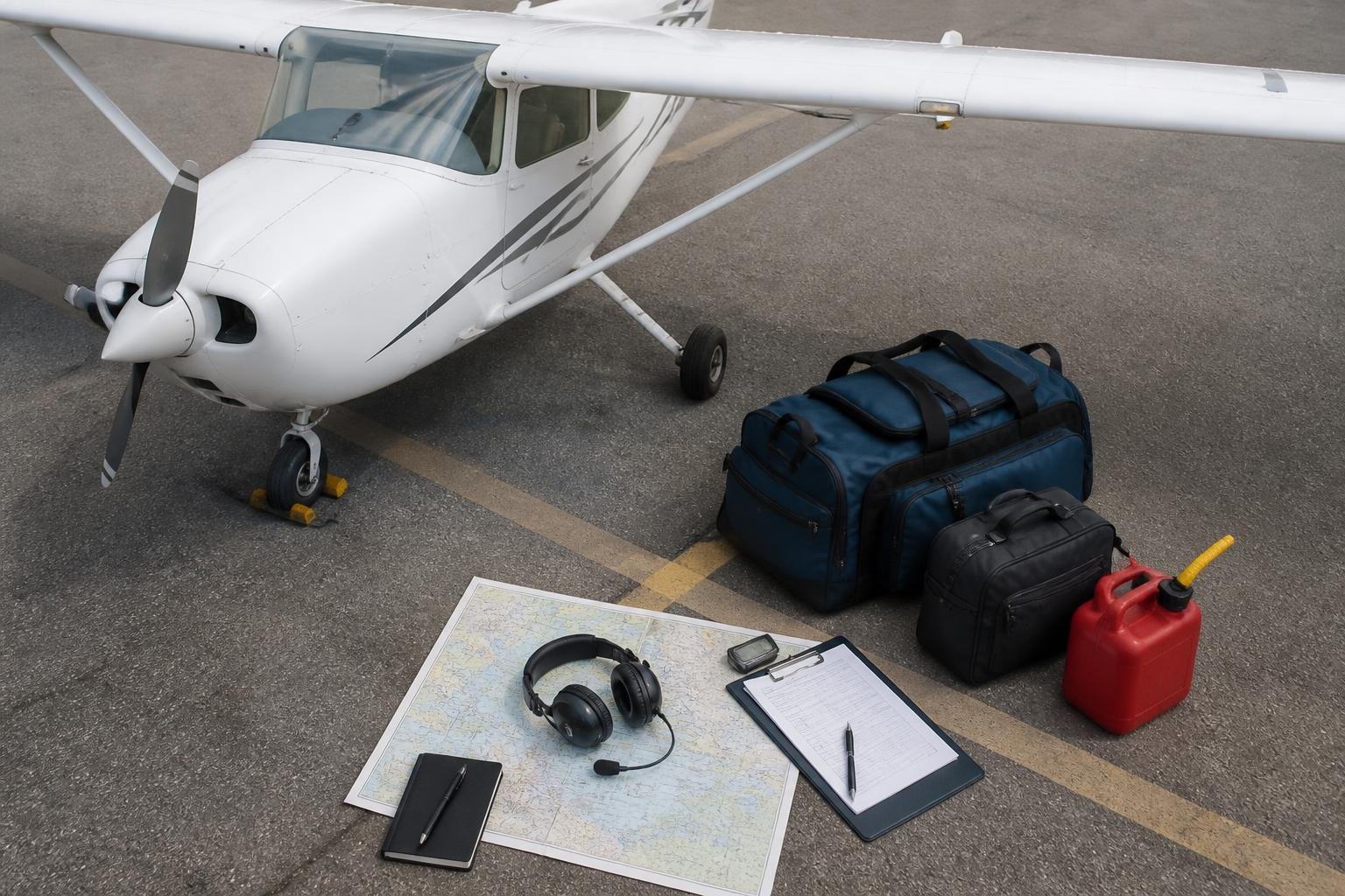 Travel gear prepared beside a high-wing light aircraft