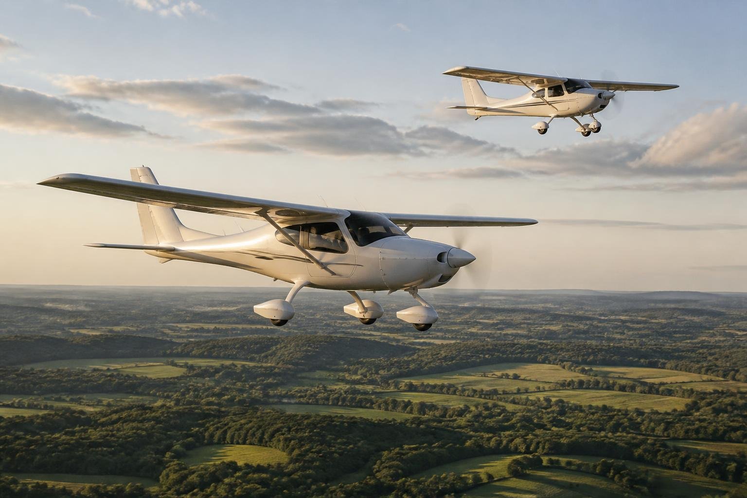 Two high-wing light aircraft in flight over countryside