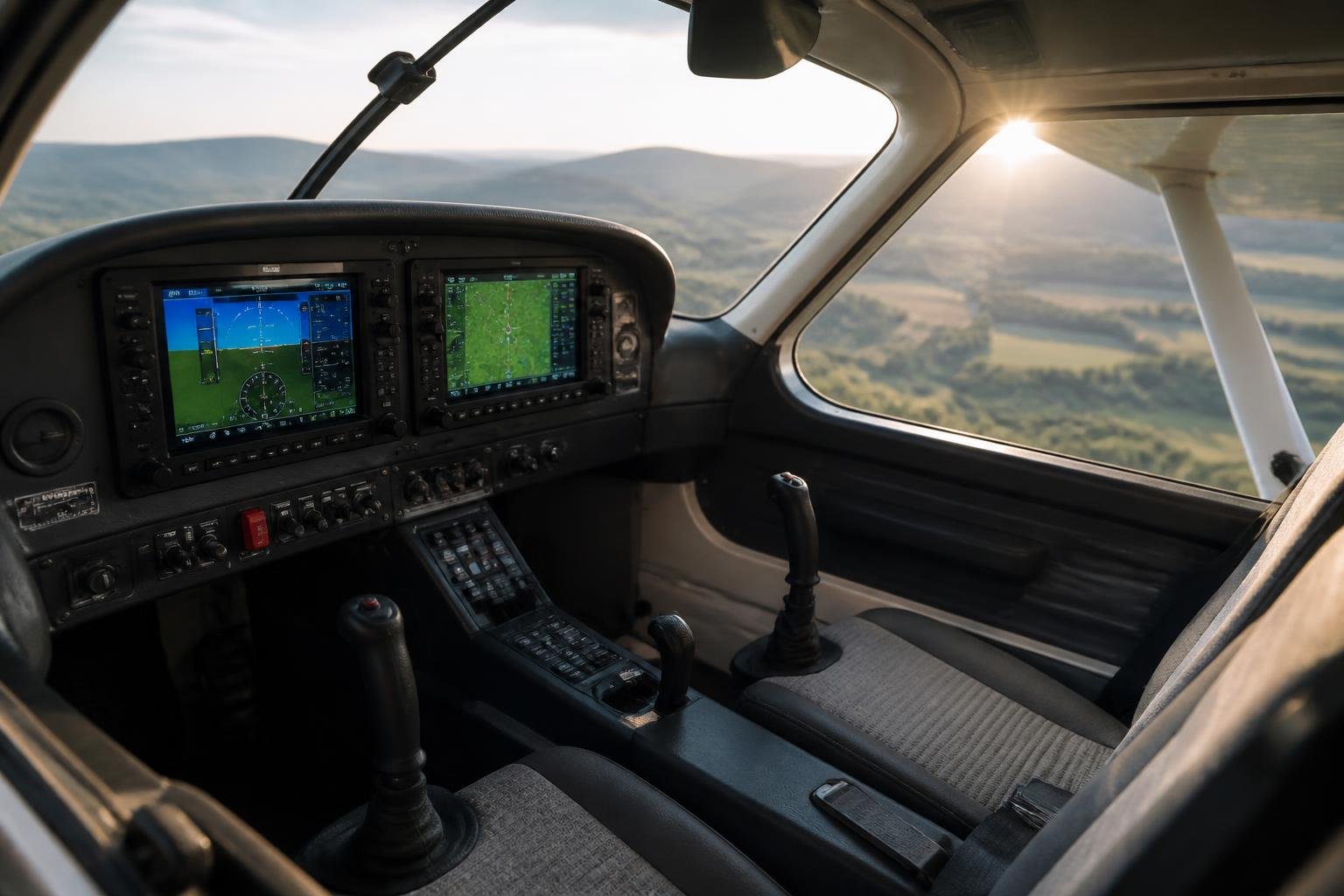 Modern glass cockpit inside a high-wing light aircraft
