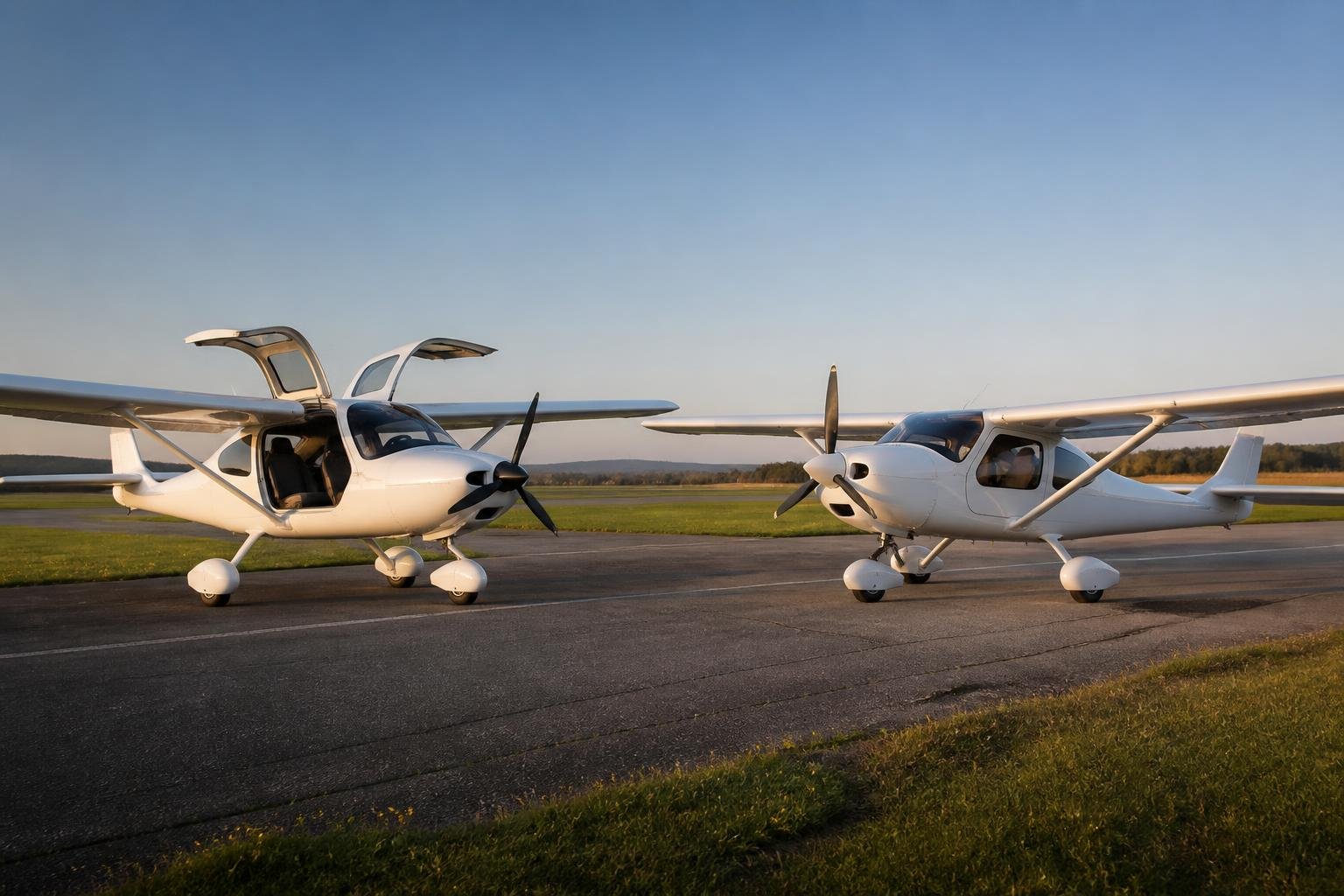 Two modern high-wing light sport touring aircraft parked on an apron