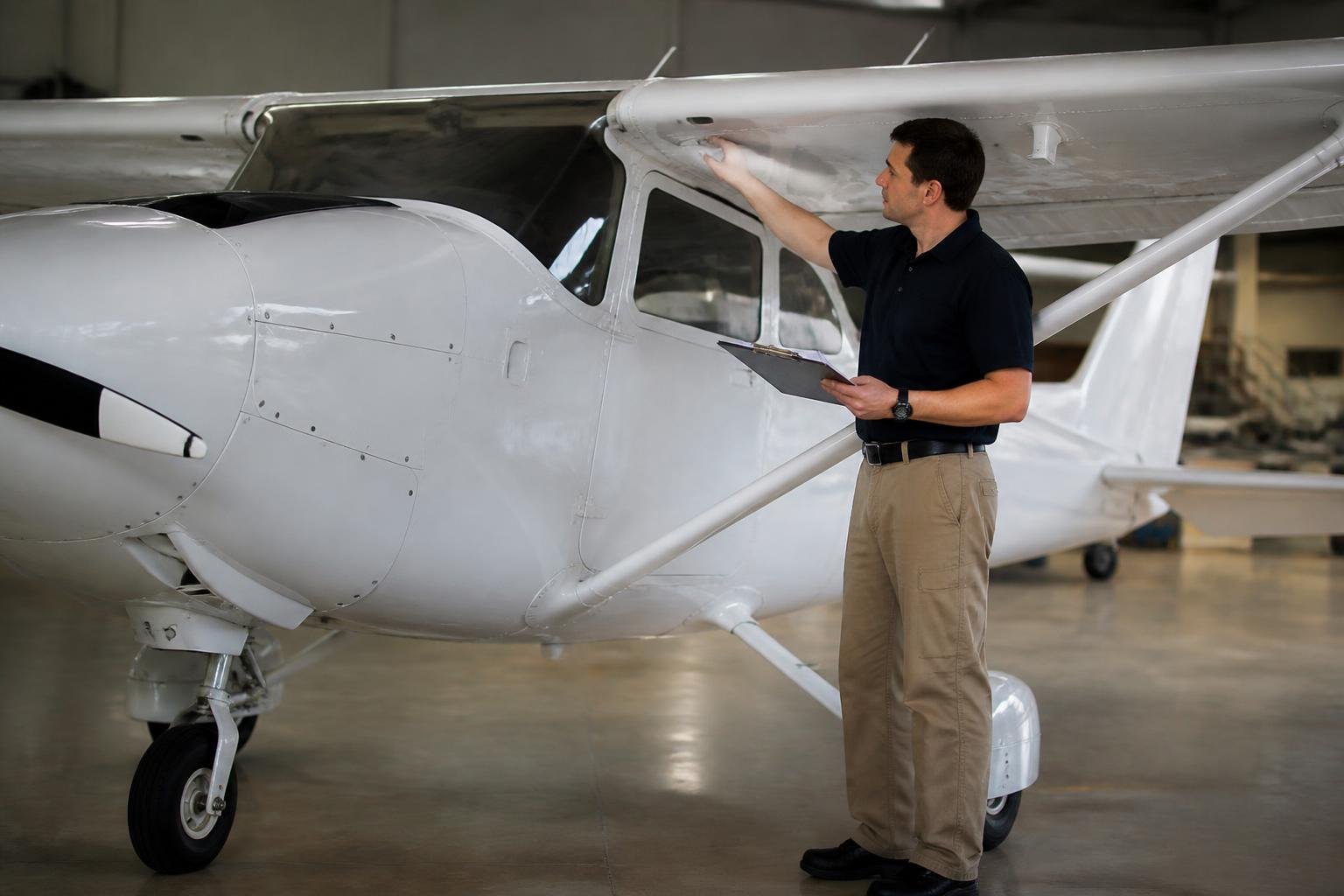Technician conducting a pre-purchase inspection on a high-wing light aircraft
