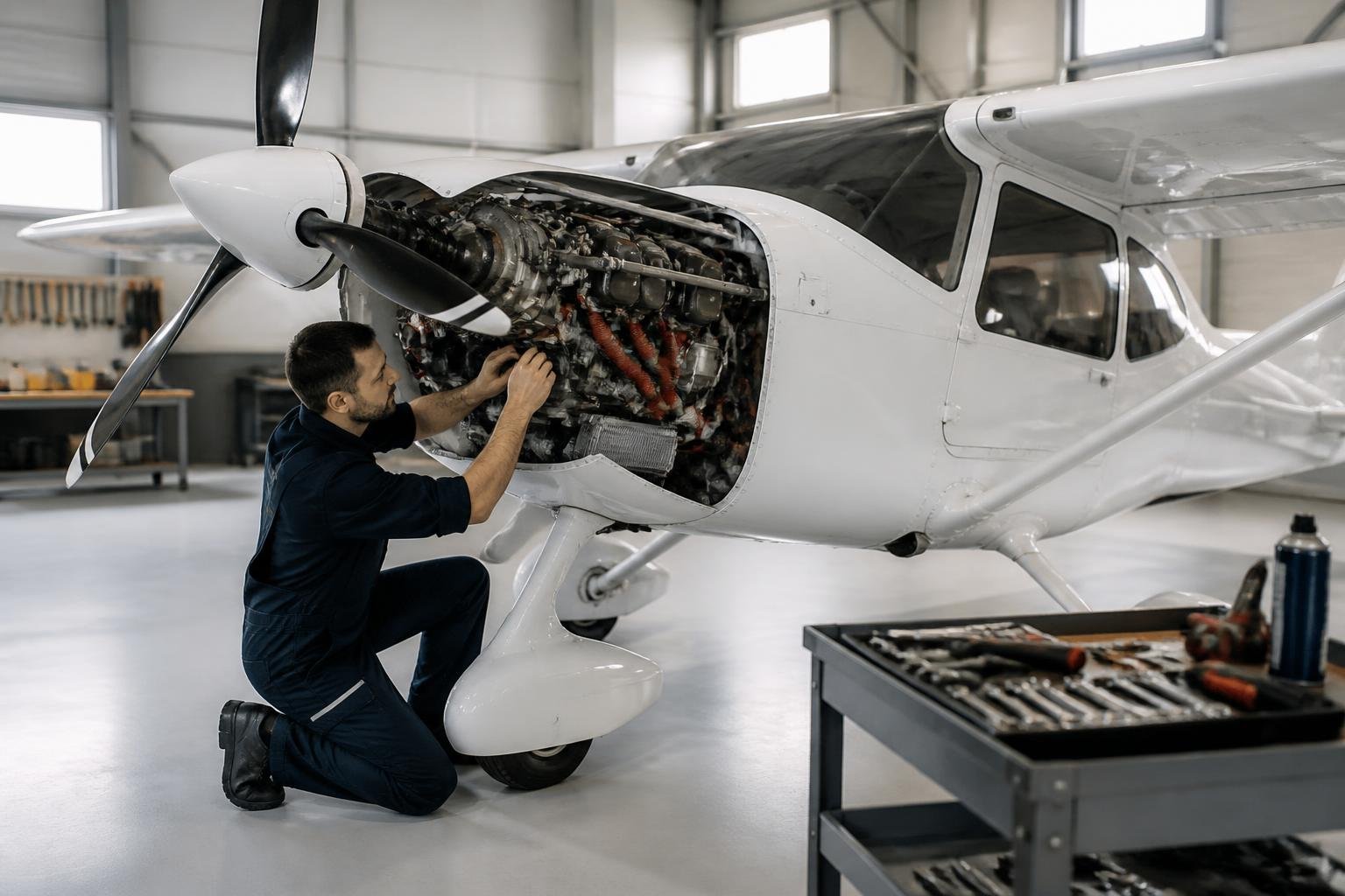 Mechanic inspecting a modern light aircraft engine in a hangar