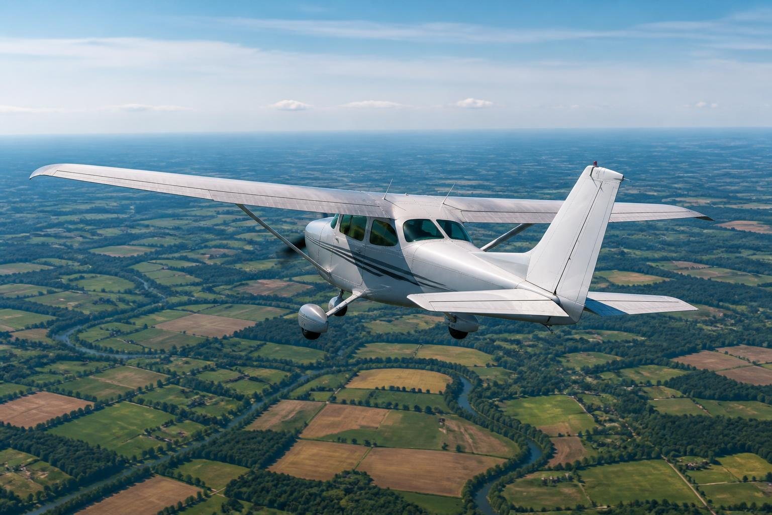 Modern high-wing touring aircraft flying above countryside