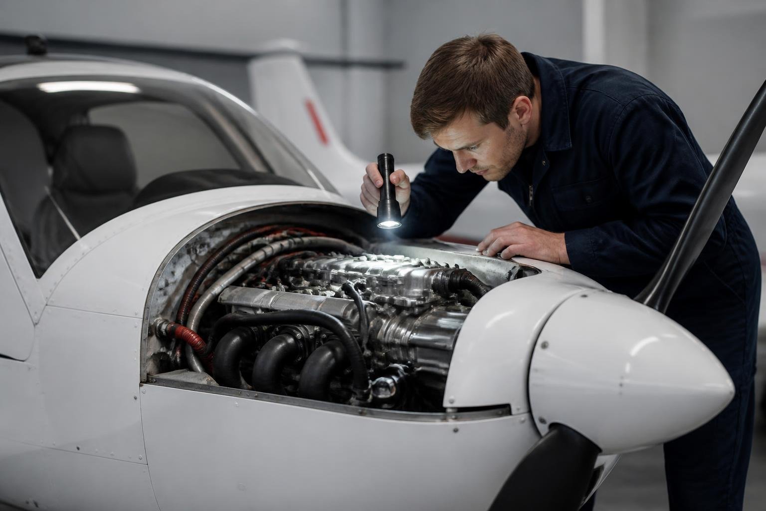Mechanic inspecting a light sport aircraft engine installation