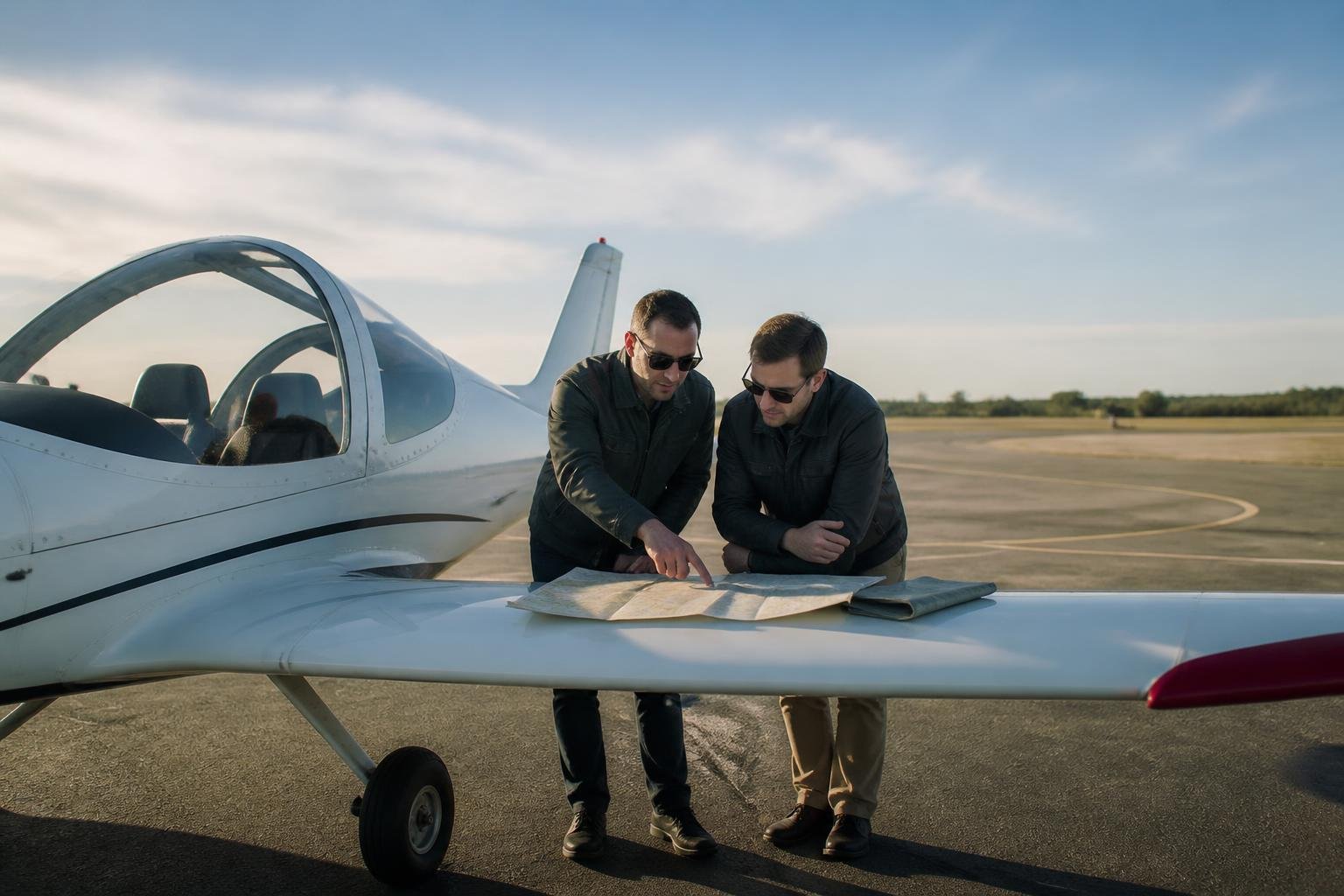 Pilots planning a cross-country flight beside a light sport aircraft