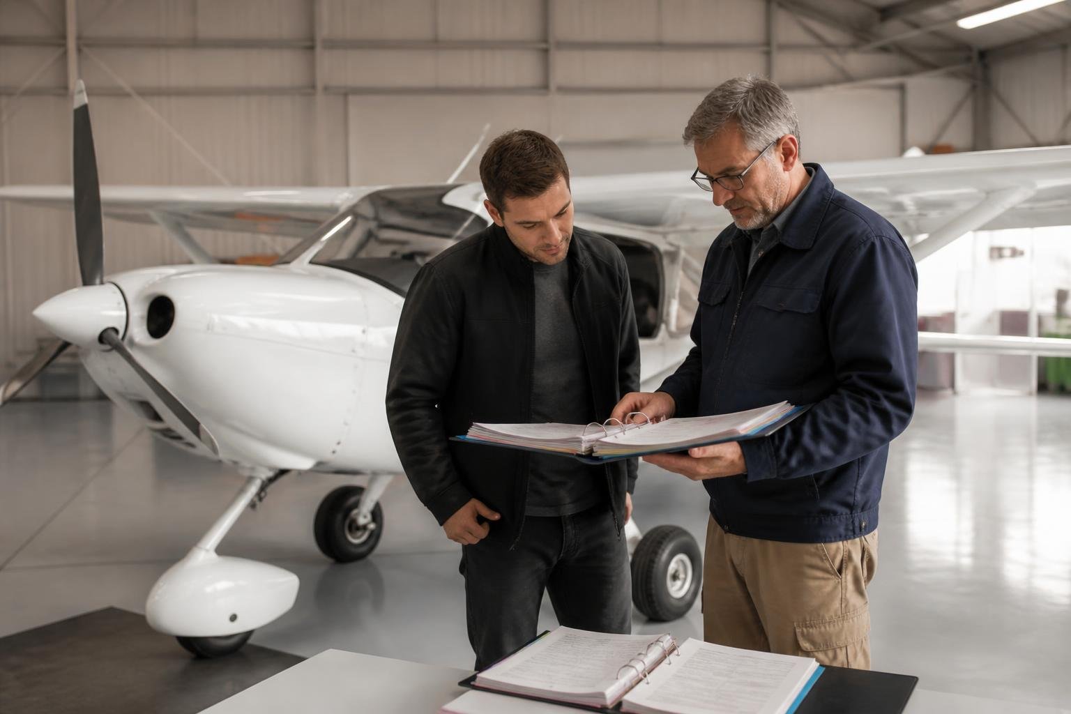 Aircraft buyer and inspector reviewing maintenance documentation in a hangar