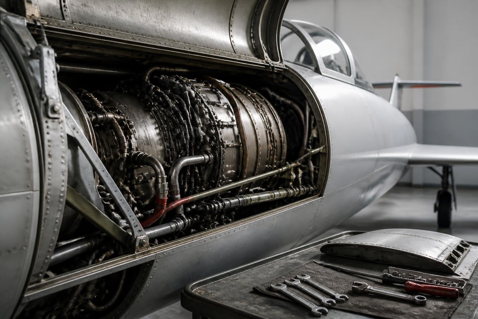 Maintenance detail of turbine components on a vintage jet trainer