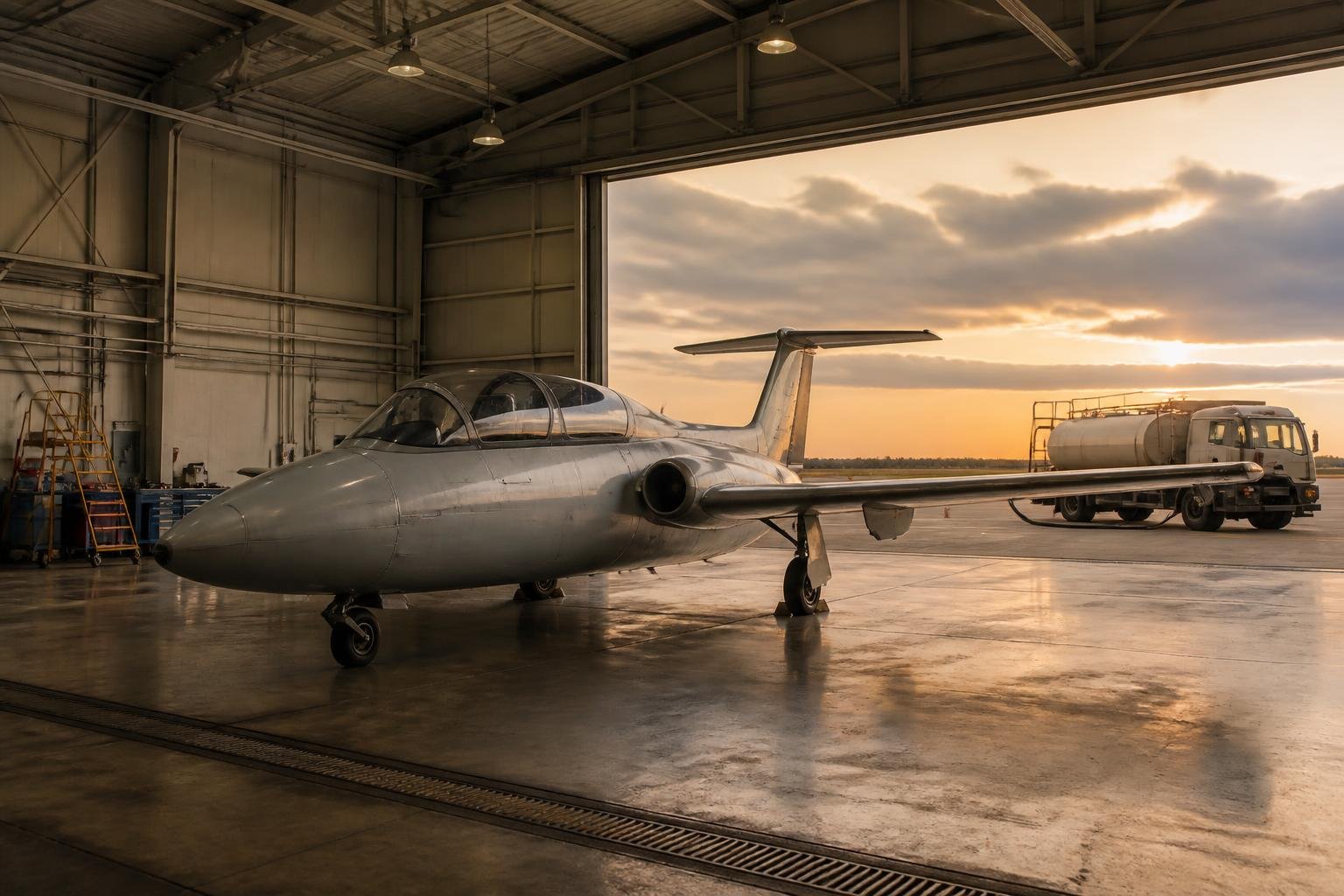 Vintage jet trainer in a hangar with ground-support equipment
