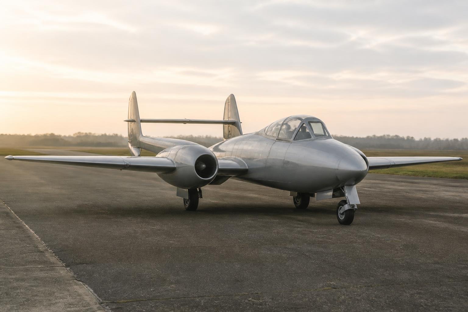 Classic twin-engine jet trainer with a butterfly tail on a heritage airfield apron