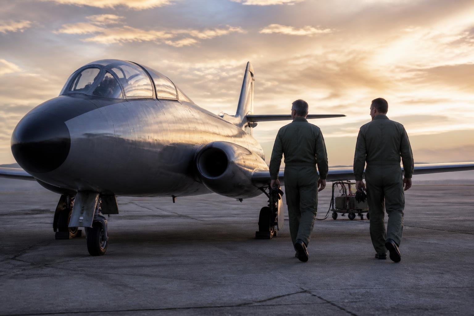 Pilots conducting a preflight inspection beside a vintage twin-engine trainer jet