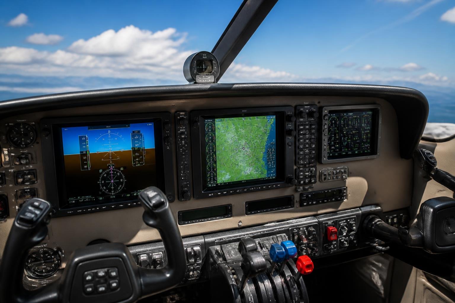 Generic cockpit showing integrated navigation, autopilot and engine monitoring equipment