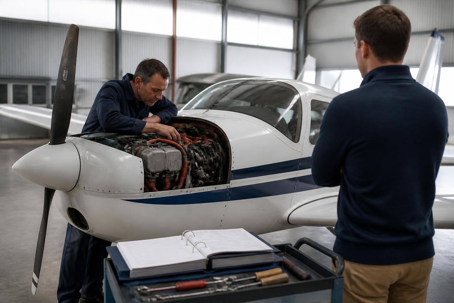 Mechanic performing an aircraft pre-buy inspection