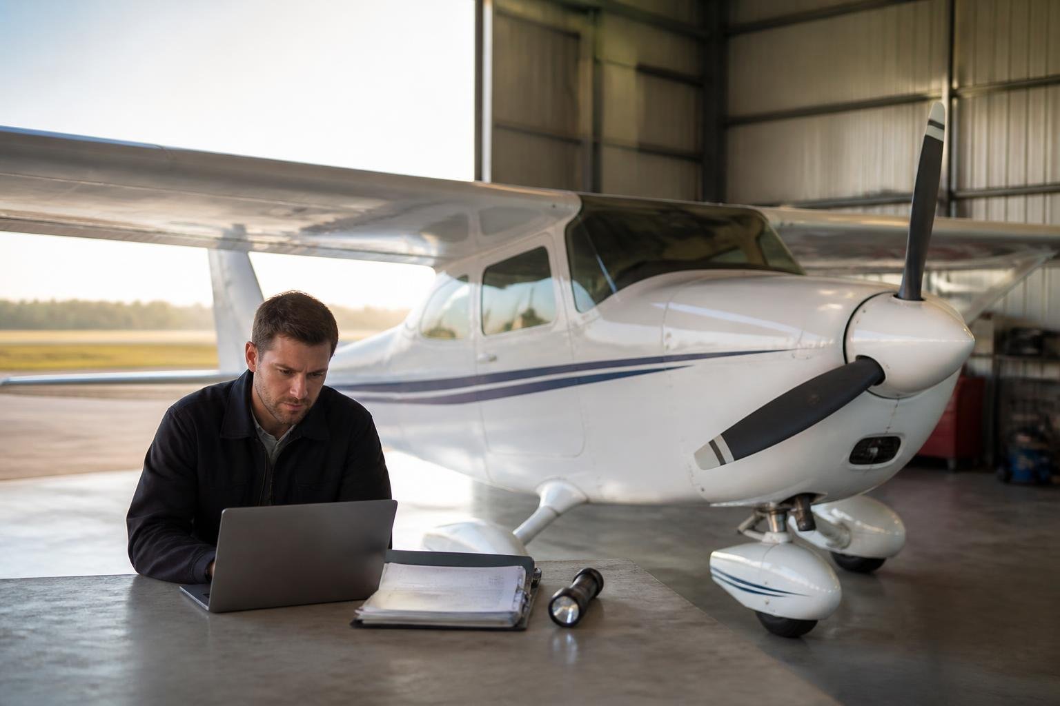 Aircraft buyer reviewing an online auction in a hangar