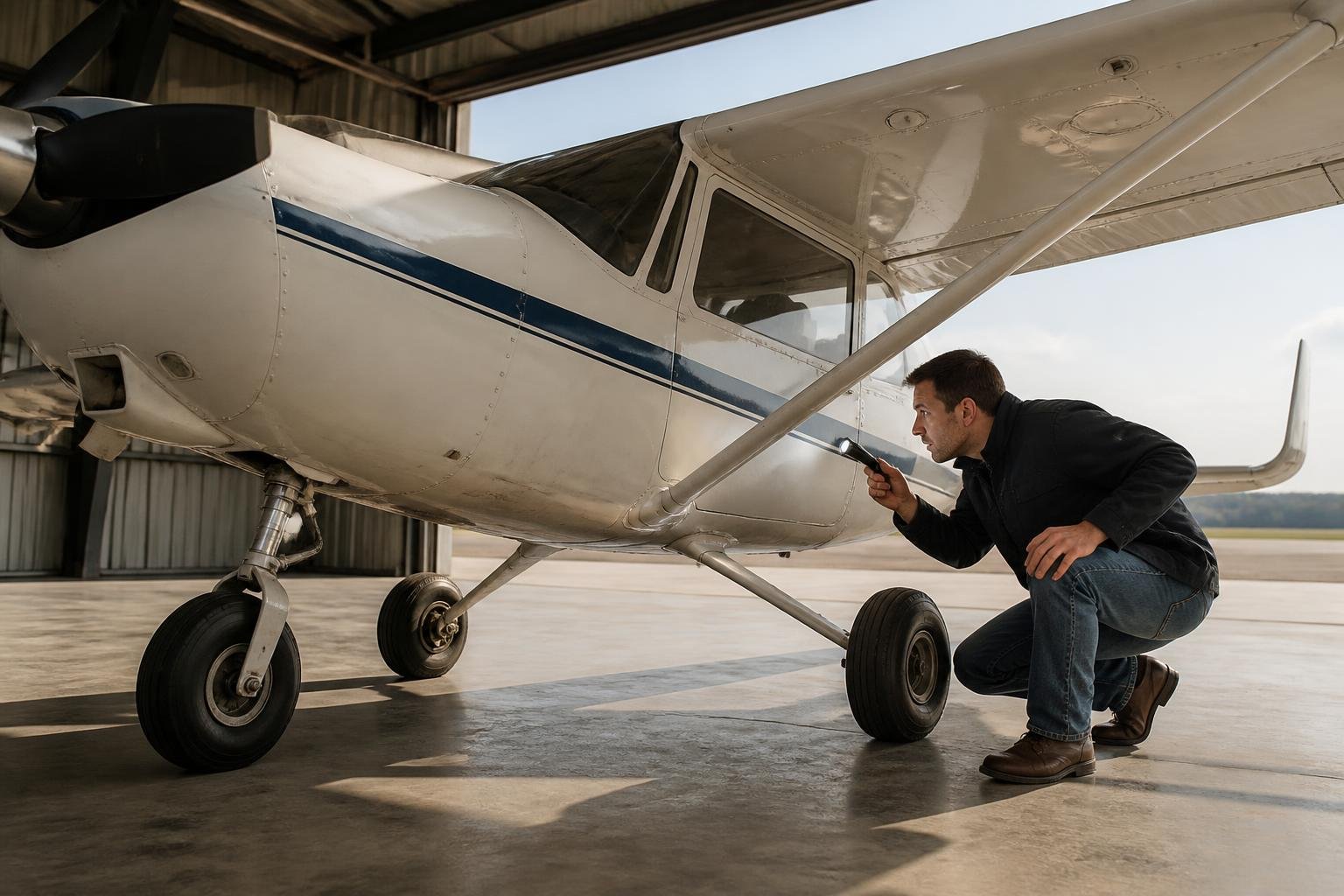 Buyer visually inspecting a light aircraft’s landing gear and underside