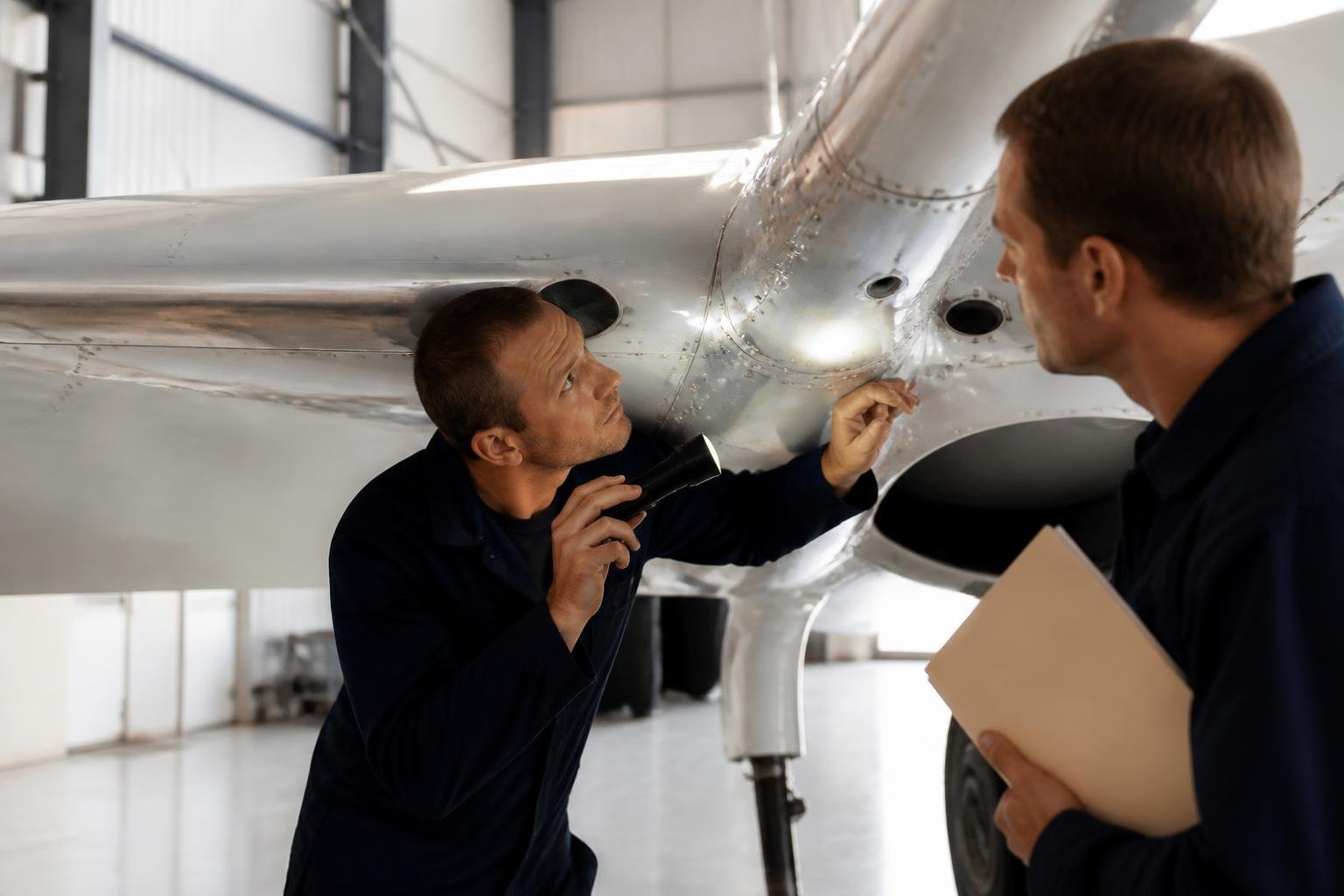 Technician inspecting aircraft structure in a hangar