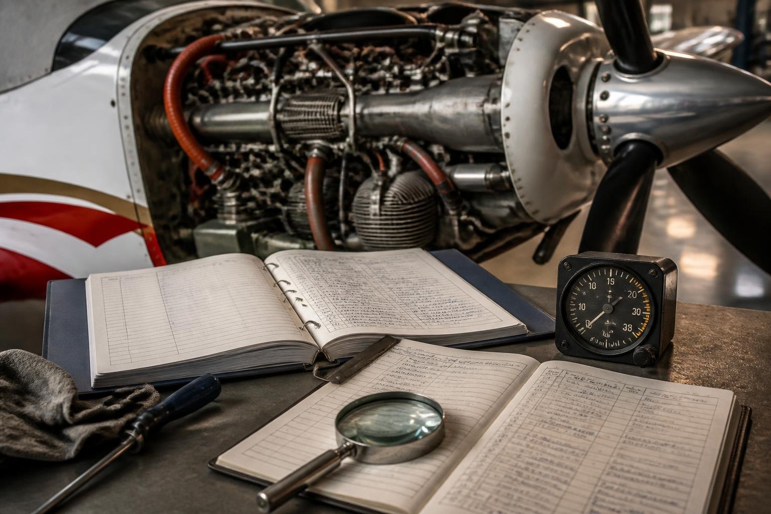 Aircraft engine and propeller records reviewed on a workshop bench