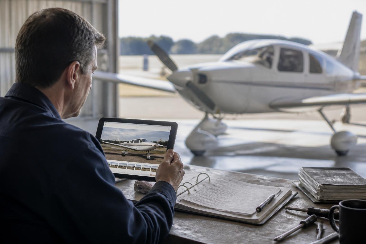 Prospective aircraft buyer reviewing records beside a light aircraft