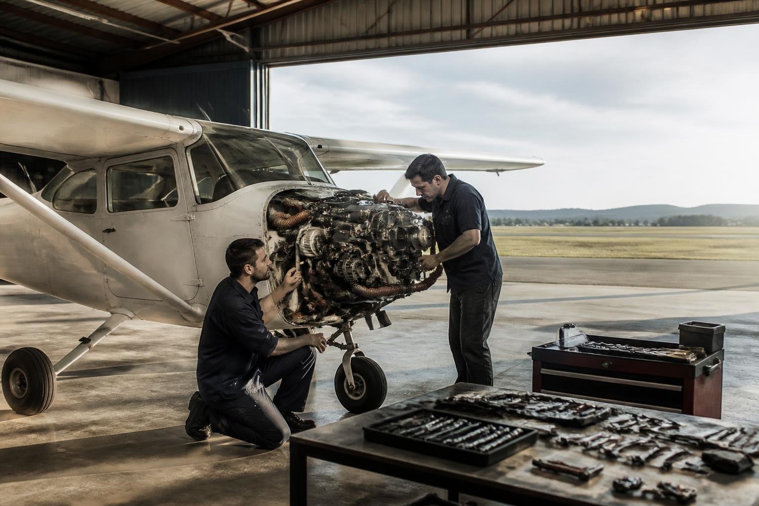 Technicians inspecting a diesel-powered light aircraft in a hangar
