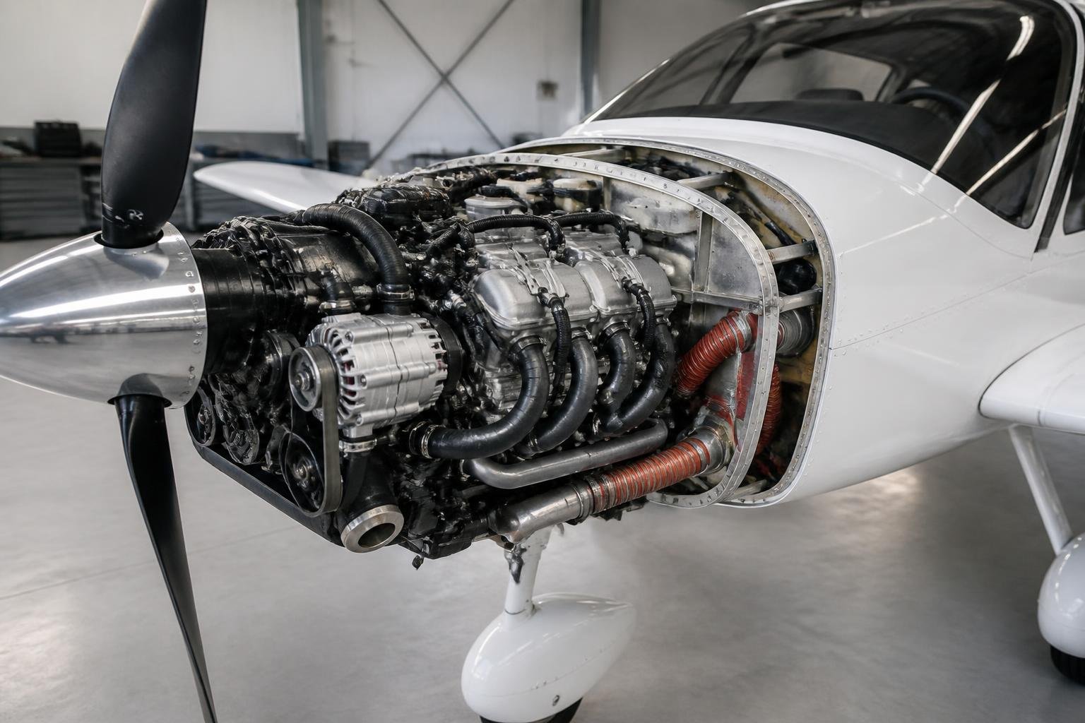 Modern diesel aircraft engine installed in a light aircraft nose