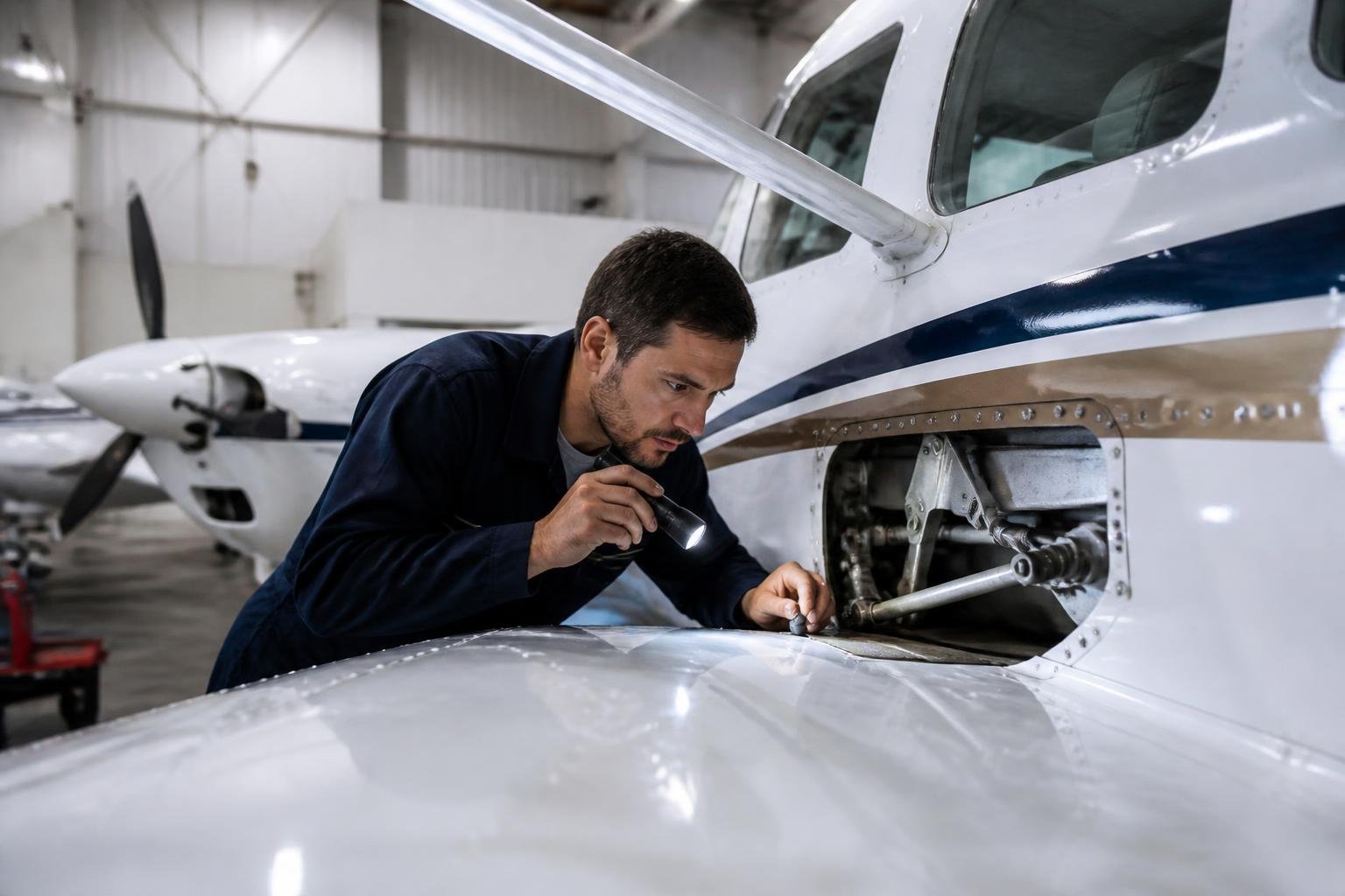 Technician inspecting a light aircraft control system