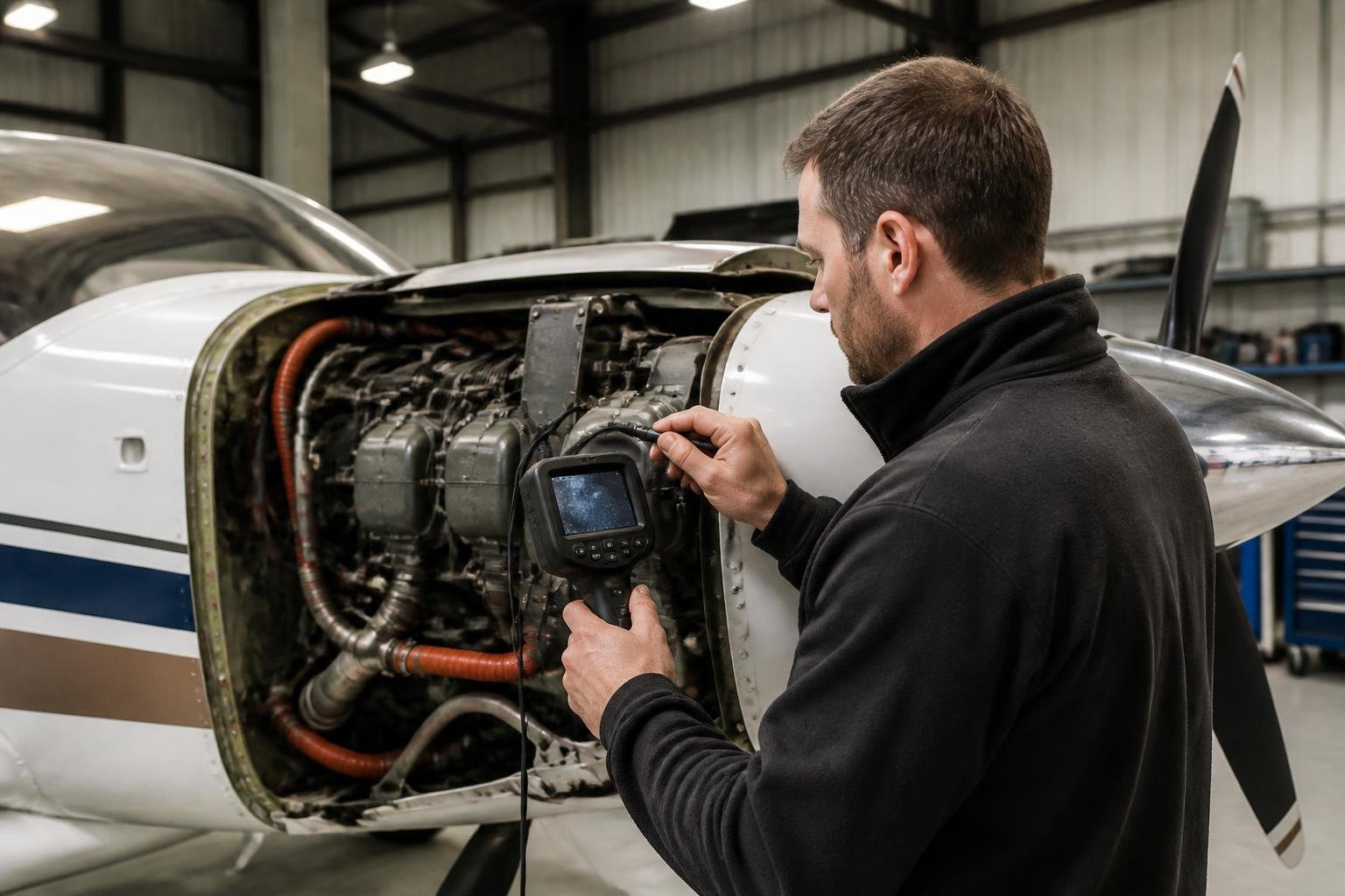 Mechanic inspecting an aircraft engine before purchase