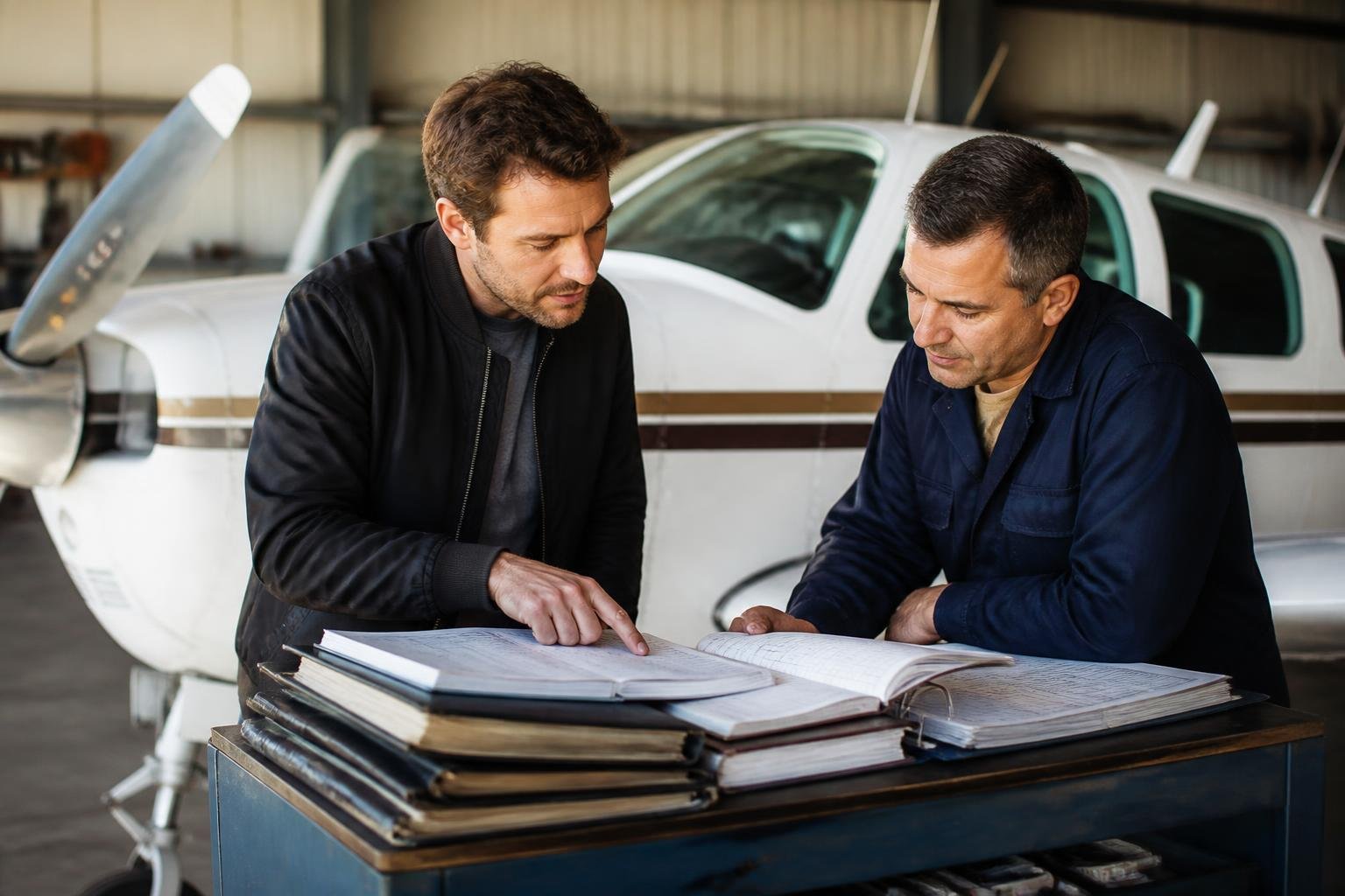 Buyer and mechanic reviewing aircraft maintenance records