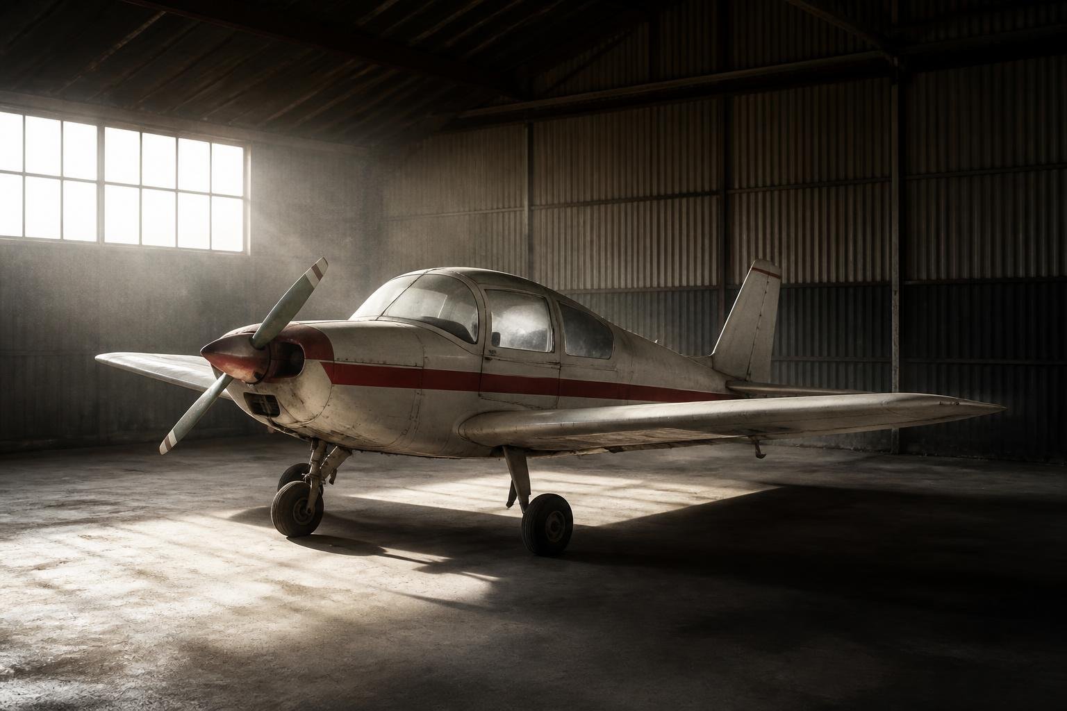 Light aircraft stored in a dim hangar