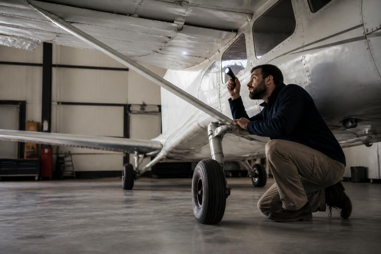 Technician inspecting landing gear on an older light aircraft