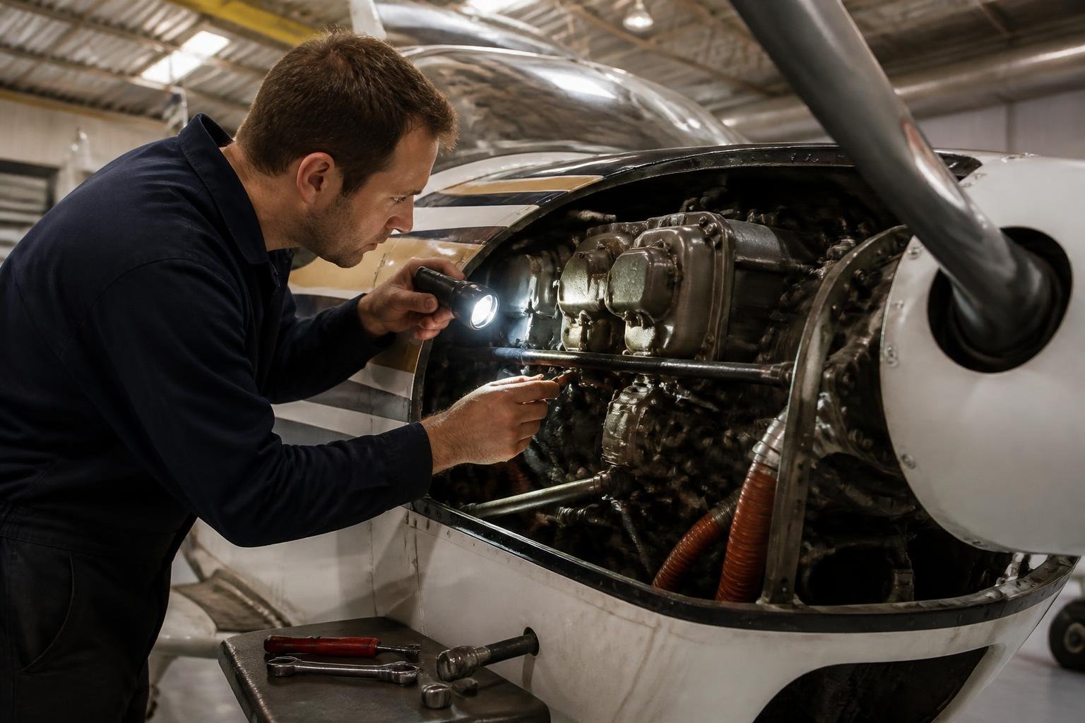 Mechanic inspecting an older piston aircraft engine
