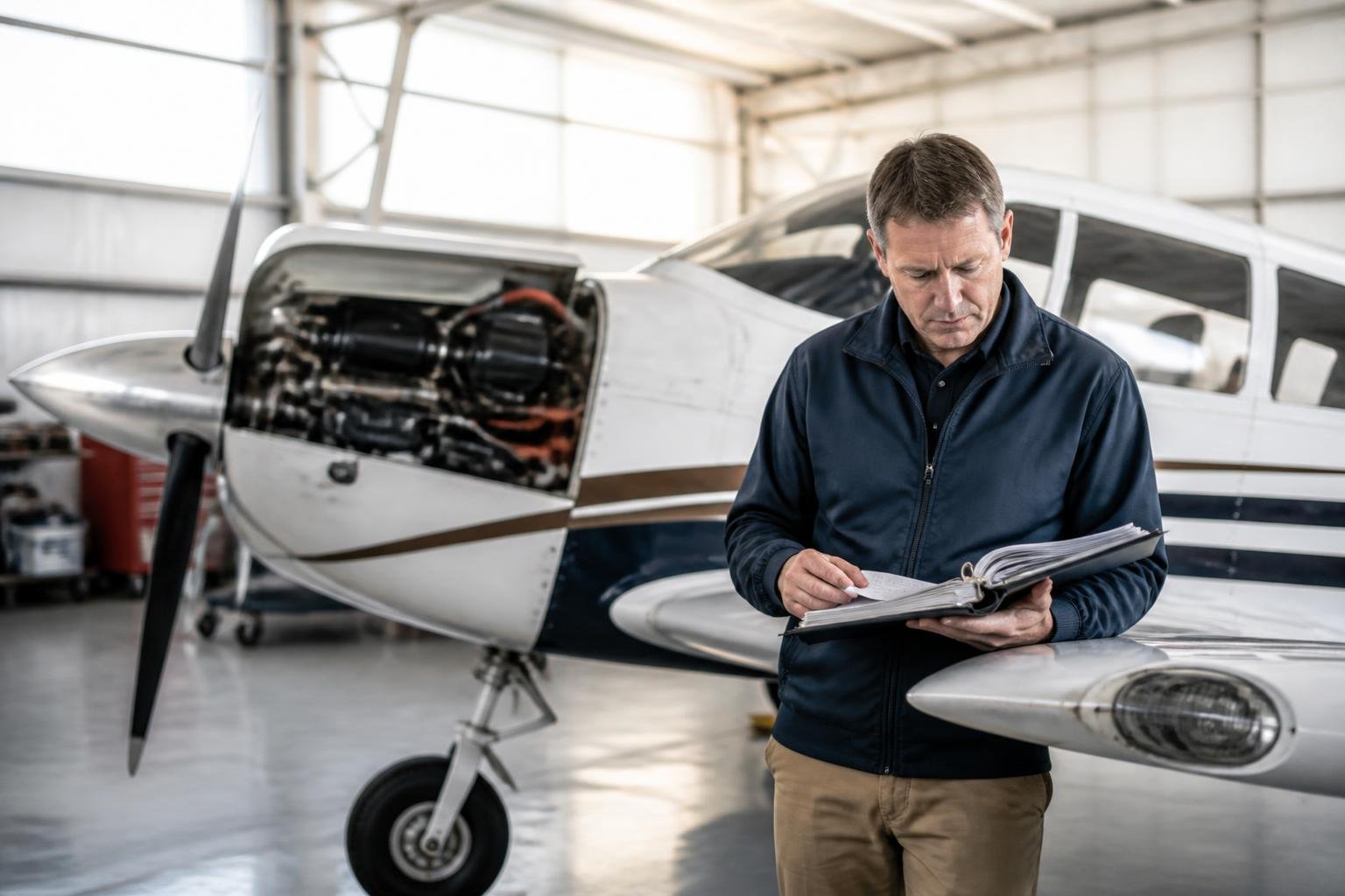 Aircraft inspector reviewing records during a pre-buy evaluation