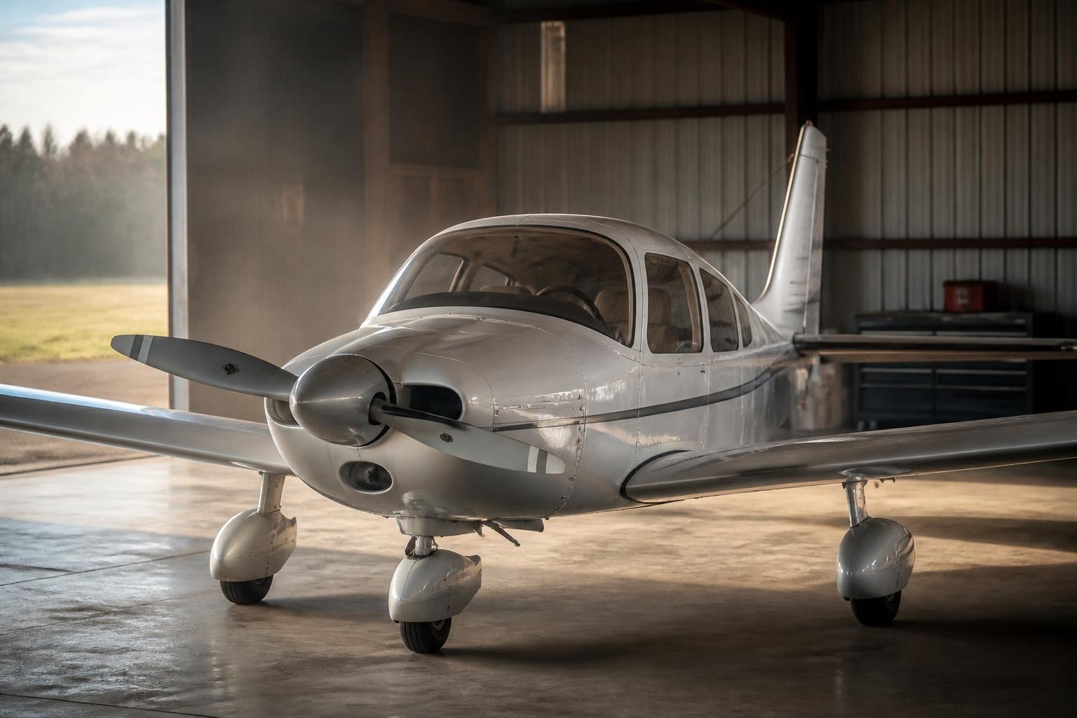Older low-hour light aircraft parked inside a hangar